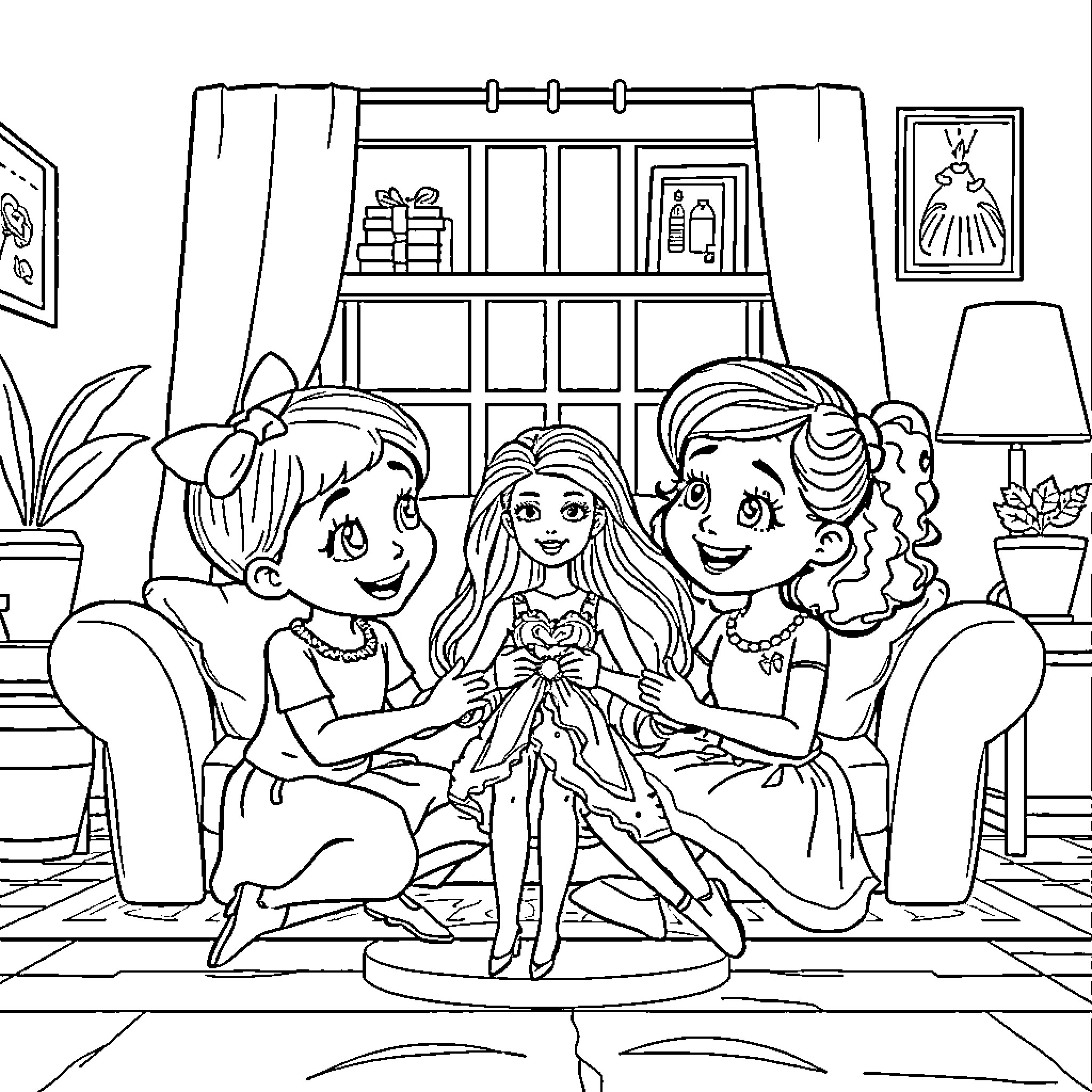 Gabby and her friends having a tea party Coloring Page (free black-and-white line drawing printable PDF for all, from beginners to advanced learners, including children, teens, adults, and seniors)