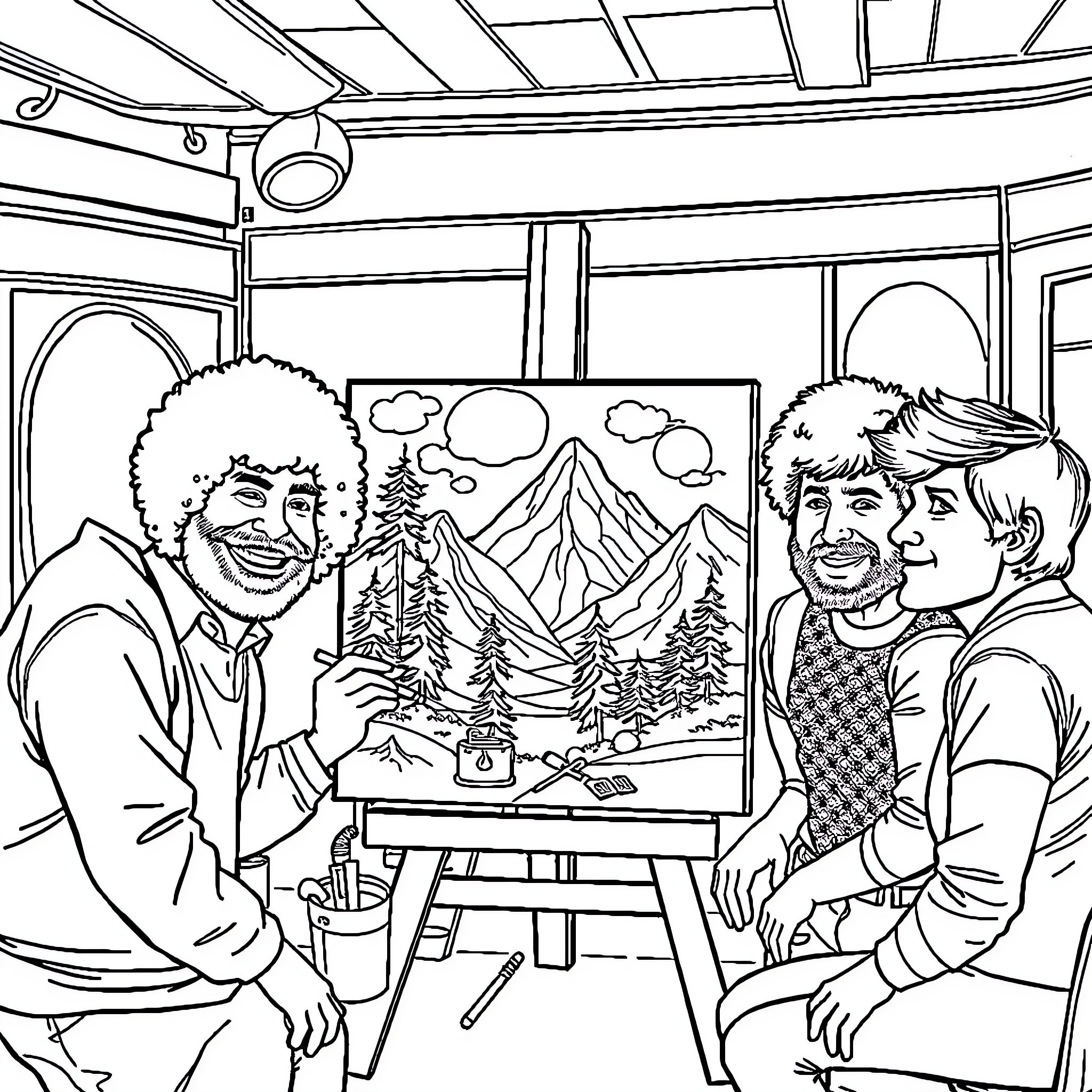 Bob Ross teaching art to students in his studio Coloring Page (free black-and-white line drawing printable PDF for all, from beginners to advanced learners, including children, teens, adults, and seniors)
