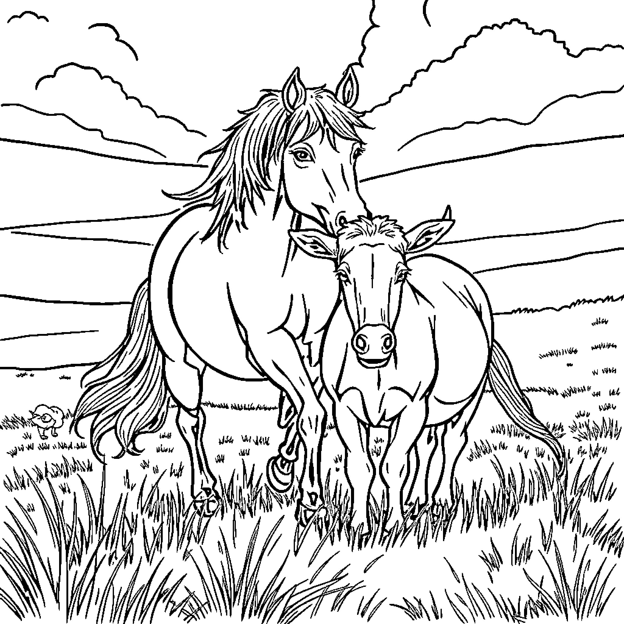 Horse family grazing in the meadow Coloring Page (free black-and-white line drawing printable PDF for all, from beginners to advanced learners, including children, teens, adults, and seniors)