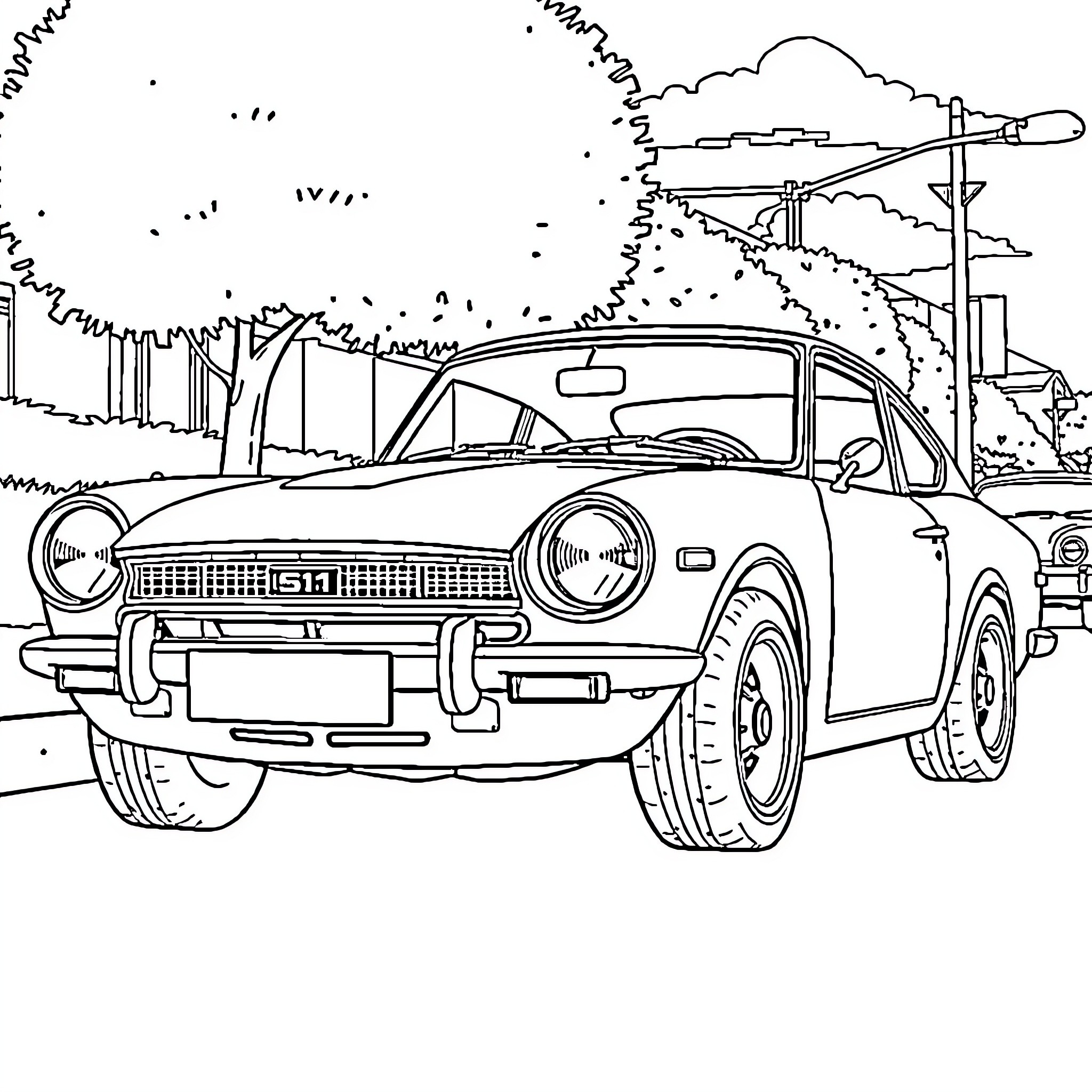 Datsun car in an urban landscape Coloring Page (free black-and-white line drawing printable PDF for all, from beginners to advanced learners, including children, teens, adults, and seniors)