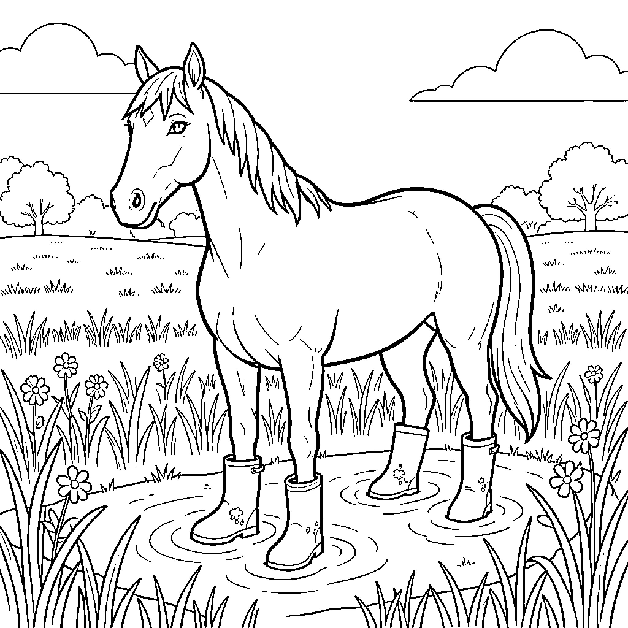Horse wearing rain boots standing in a puddle Coloring Page (free black-and-white line drawing printable PDF for all, from beginners to advanced learners, including children, teens, adults, and seniors)
