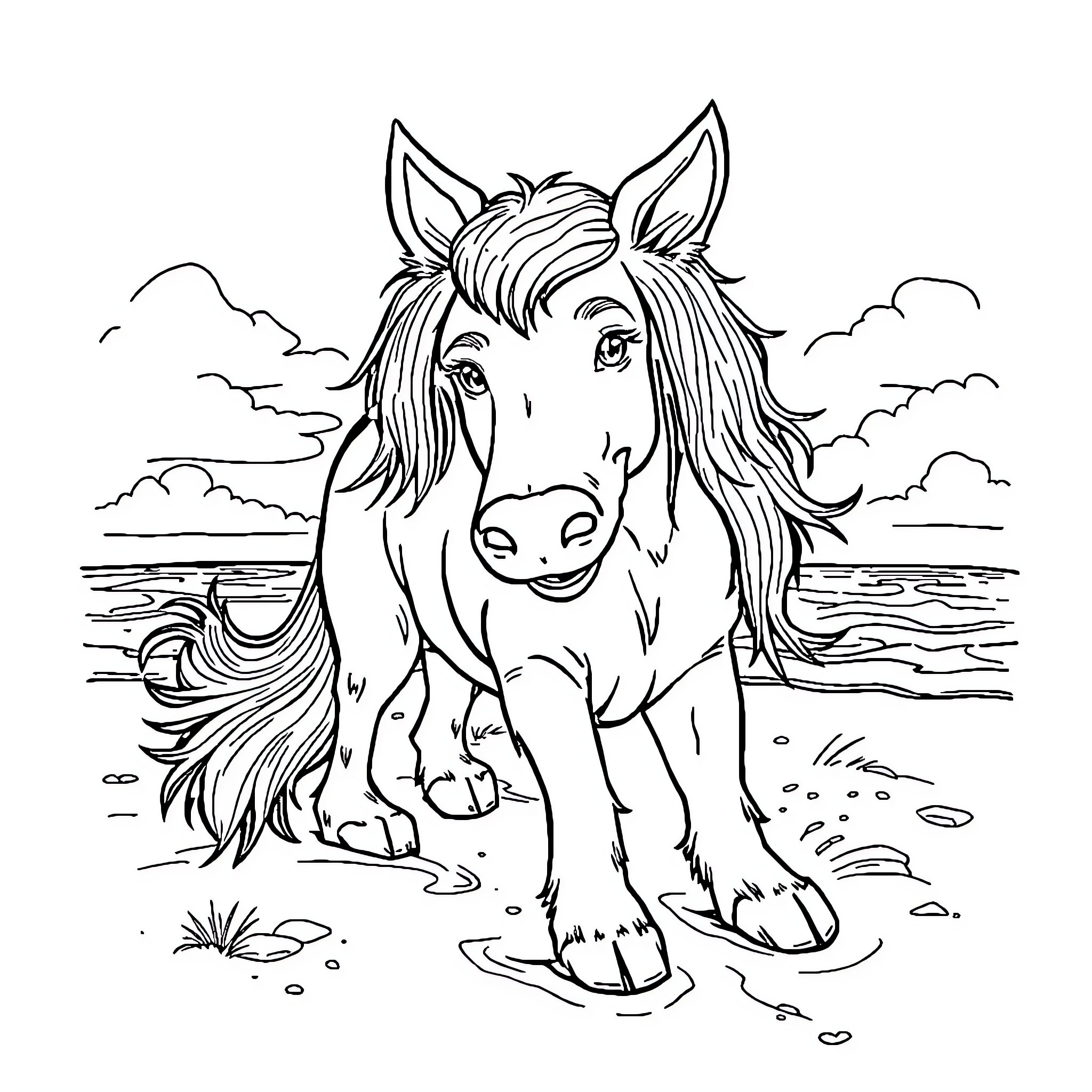 Hond enjoying the scenic landscape Coloring Page (free black-and-white line drawing printable PDF for all, from beginners to advanced learners, including children, teens, adults, and seniors)