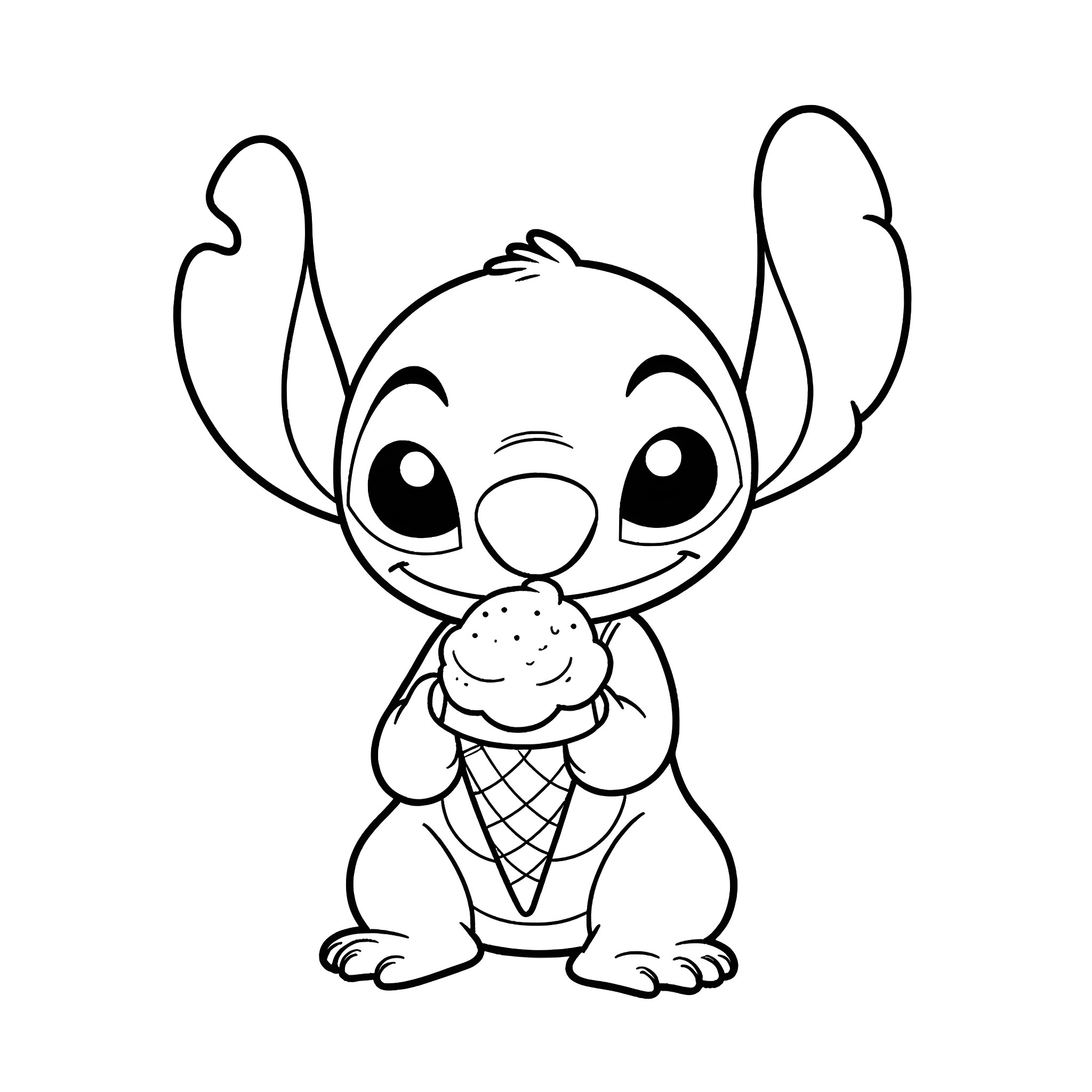 Stitch enjoying a sweet treat Coloring Page (free black-and-white line drawing printable PDF for all, from beginners to advanced learners, including children, teens, adults, and seniors)