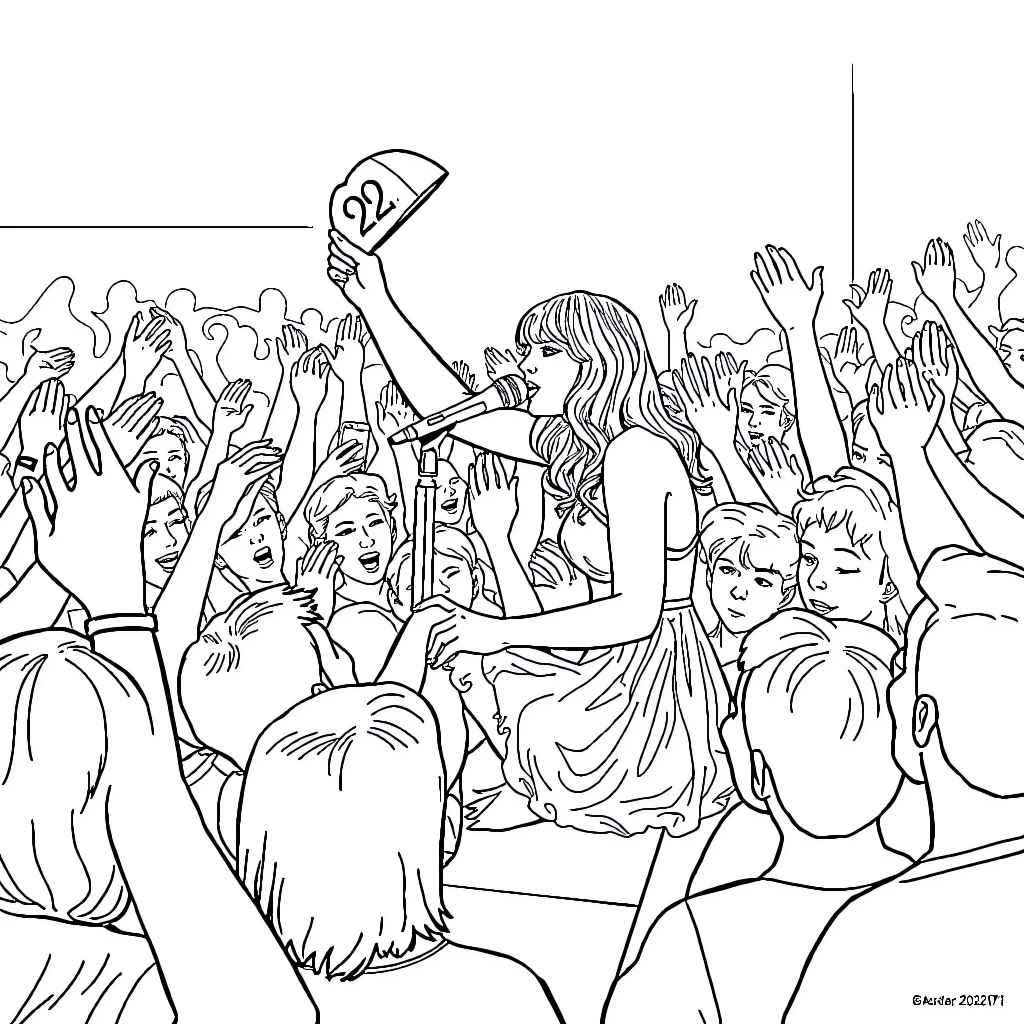 Taylor Swift performing for an enthusiastic crowd Coloring Page (free black-and-white line drawing printable PDF for all, from beginners to advanced learners, including children, teens, adults, and seniors)