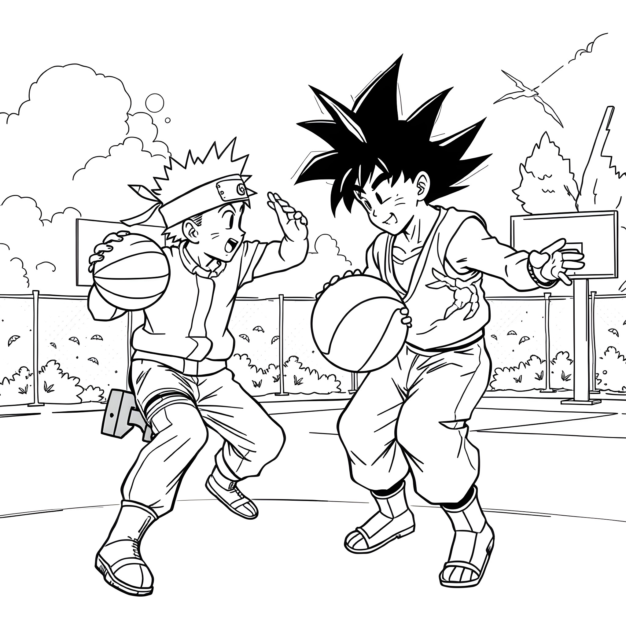Naruto and Goku engaging in a friendly basketball game Coloring Page (free black-and-white line drawing printable PDF for all, from beginners to advanced learners, including children, teens, adults, and seniors)