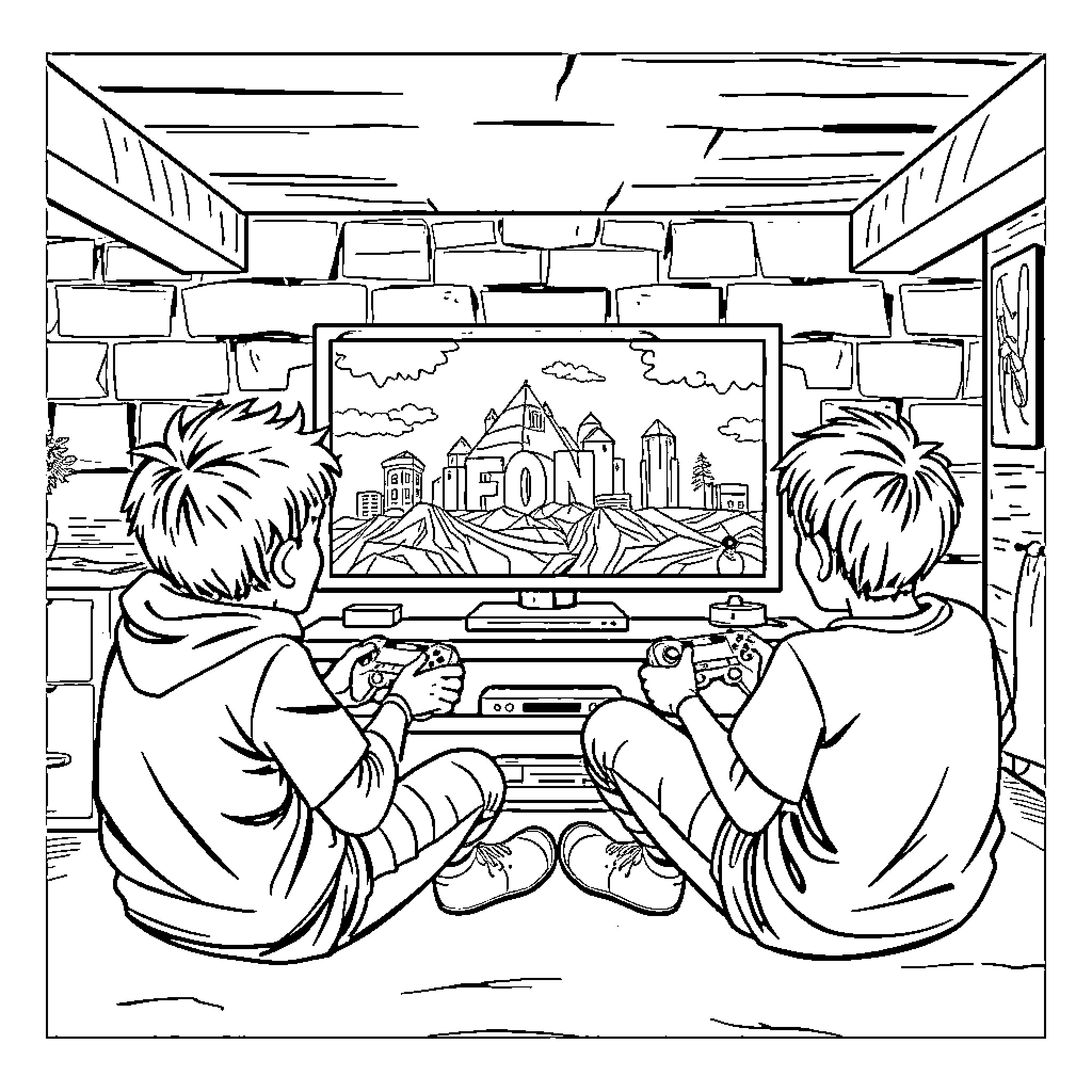 Boys enjoying video game in gaming room Coloring Page (free black-and-white line drawing printable PDF for all, from beginners to advanced learners, including children, teens, adults, and seniors)
