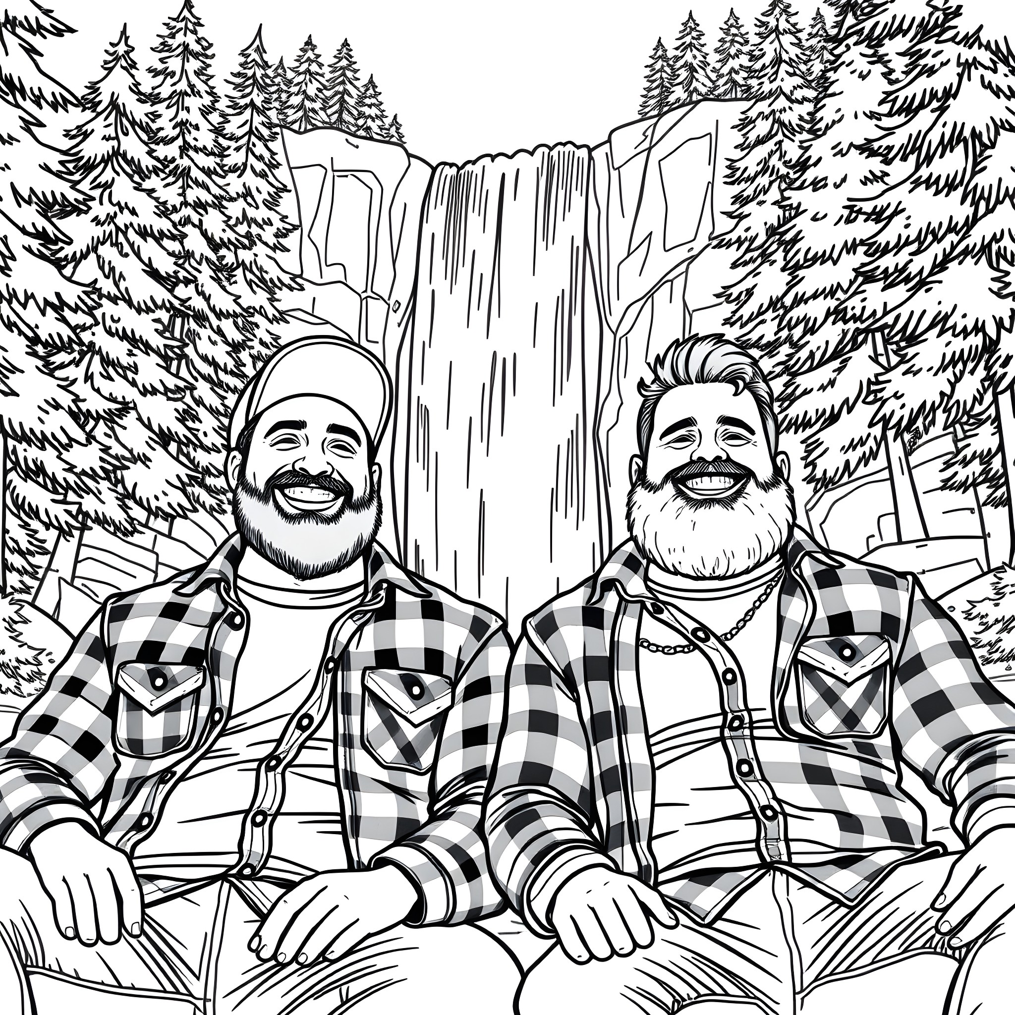 Men enjoying the outdoors in the wilderness Coloring Page (free black-and-white line drawing printable PDF for all, from beginners to advanced learners, including children, teens, adults, and seniors)