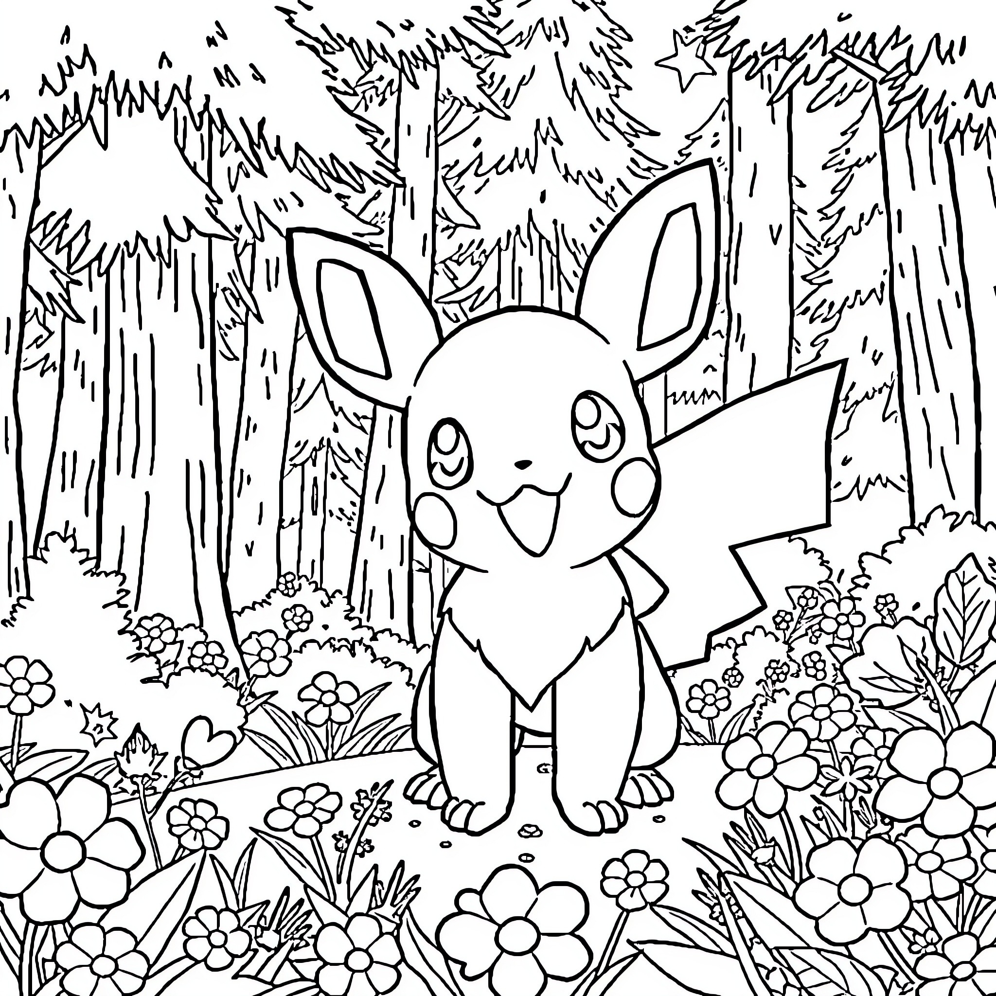 Pokémon Pikachu explores a whimsical forest landscape Coloring Page (free black-and-white line drawing printable PDF for all, from beginners to advanced learners, including children, teens, adults, and seniors)