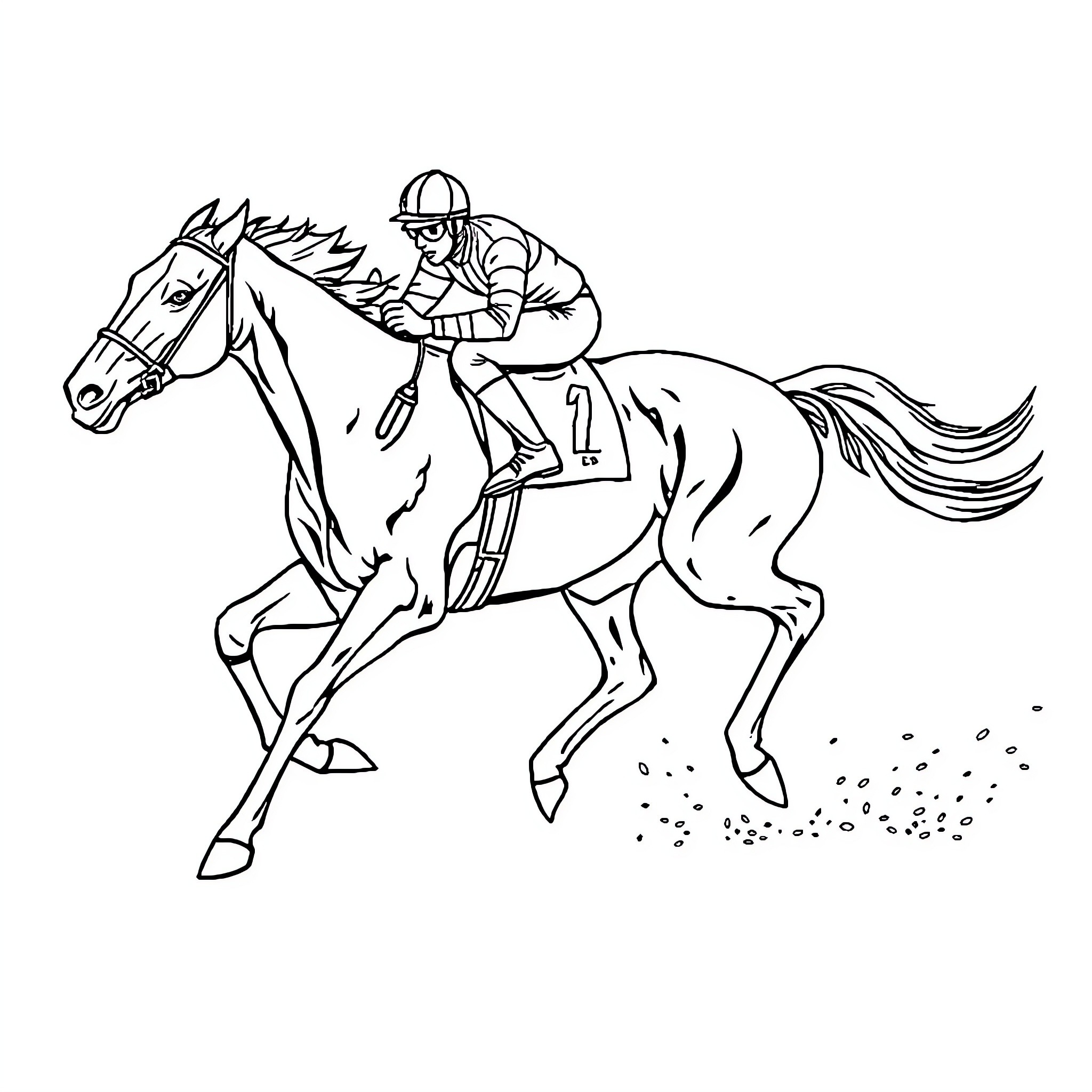 Horse racing jockey in action Coloring Page (free black-and-white line drawing printable PDF for all, from beginners to advanced learners, including children, teens, adults, and seniors)