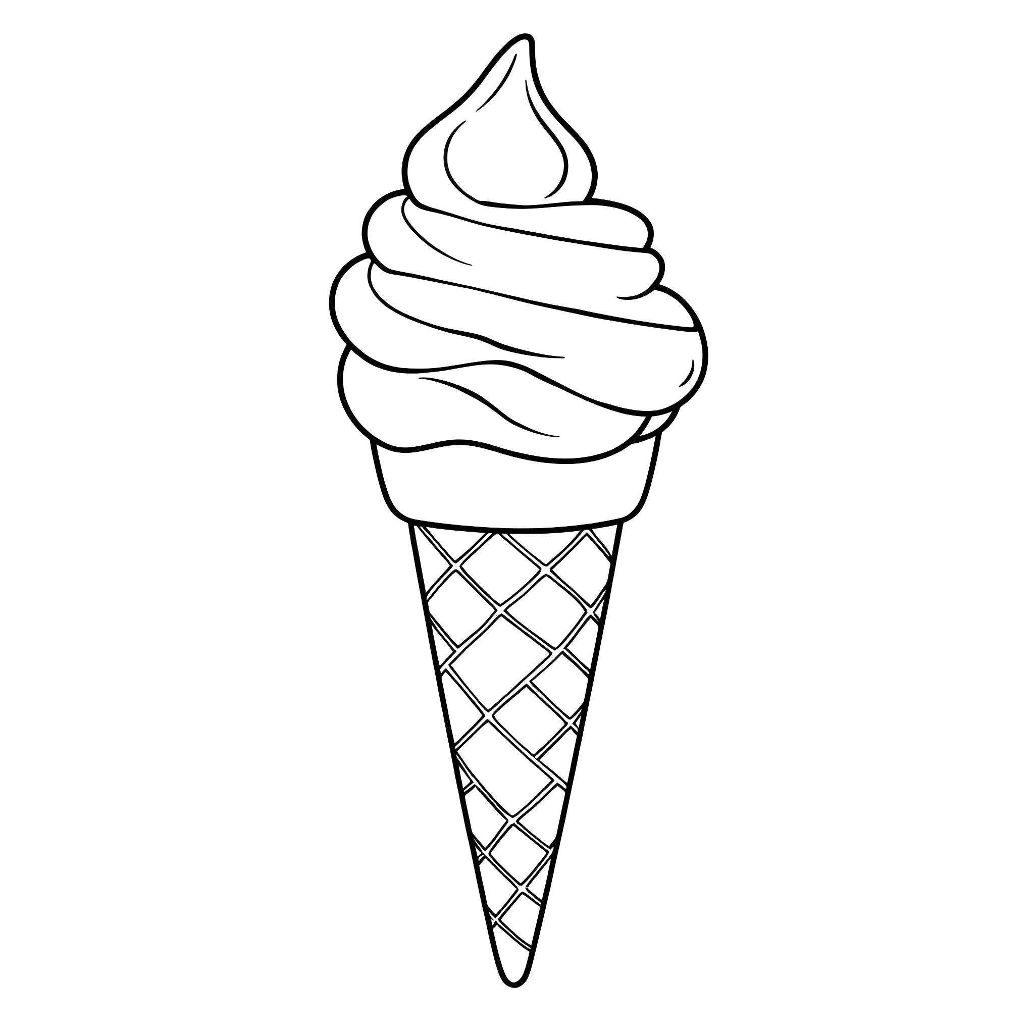 Ice Cream Cone with Swirled Dessert Coloring Page (free black-and-white line drawing printable PDF for all, from beginners to advanced learners, including children, teens, adults, and seniors)