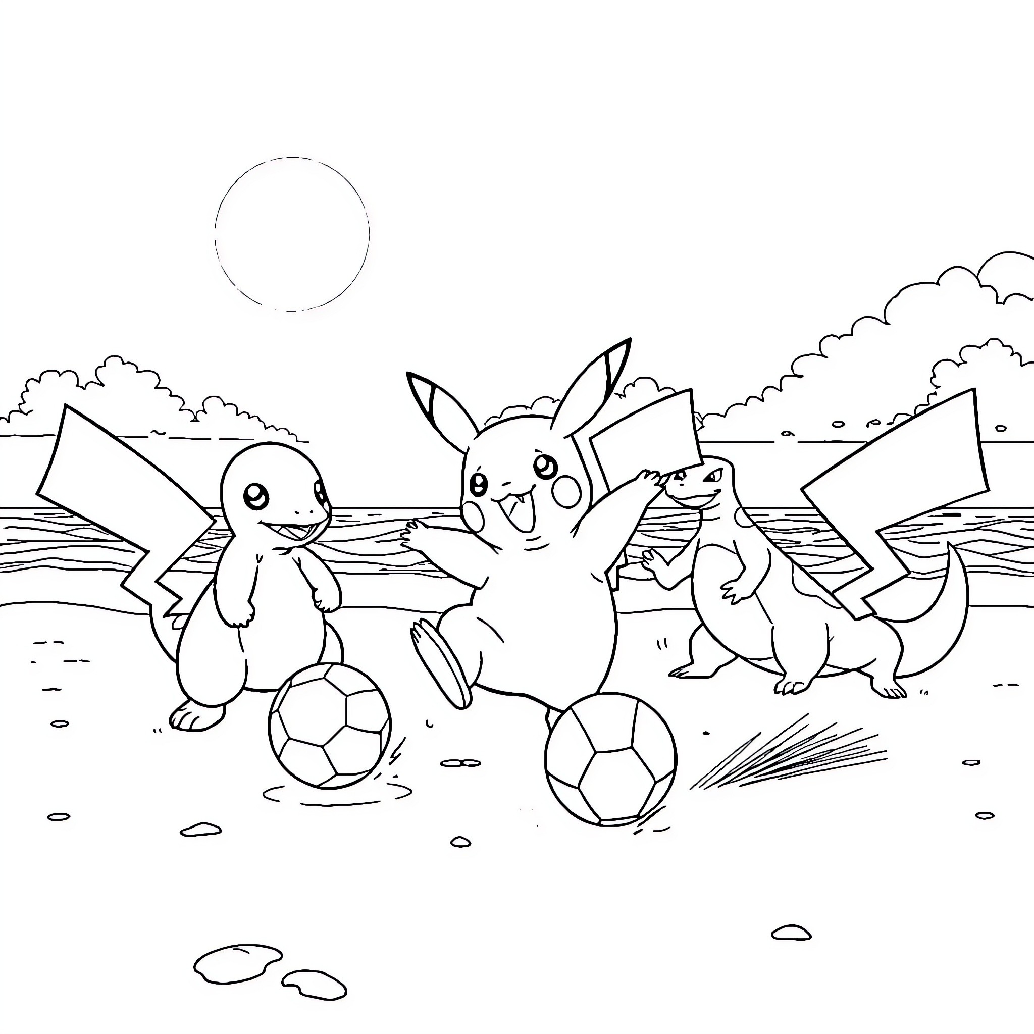 Pikachu playing soccer with friends in the park Coloring Page (free black-and-white line drawing printable PDF for all, from beginners to advanced learners, including children, teens, adults, and seniors)