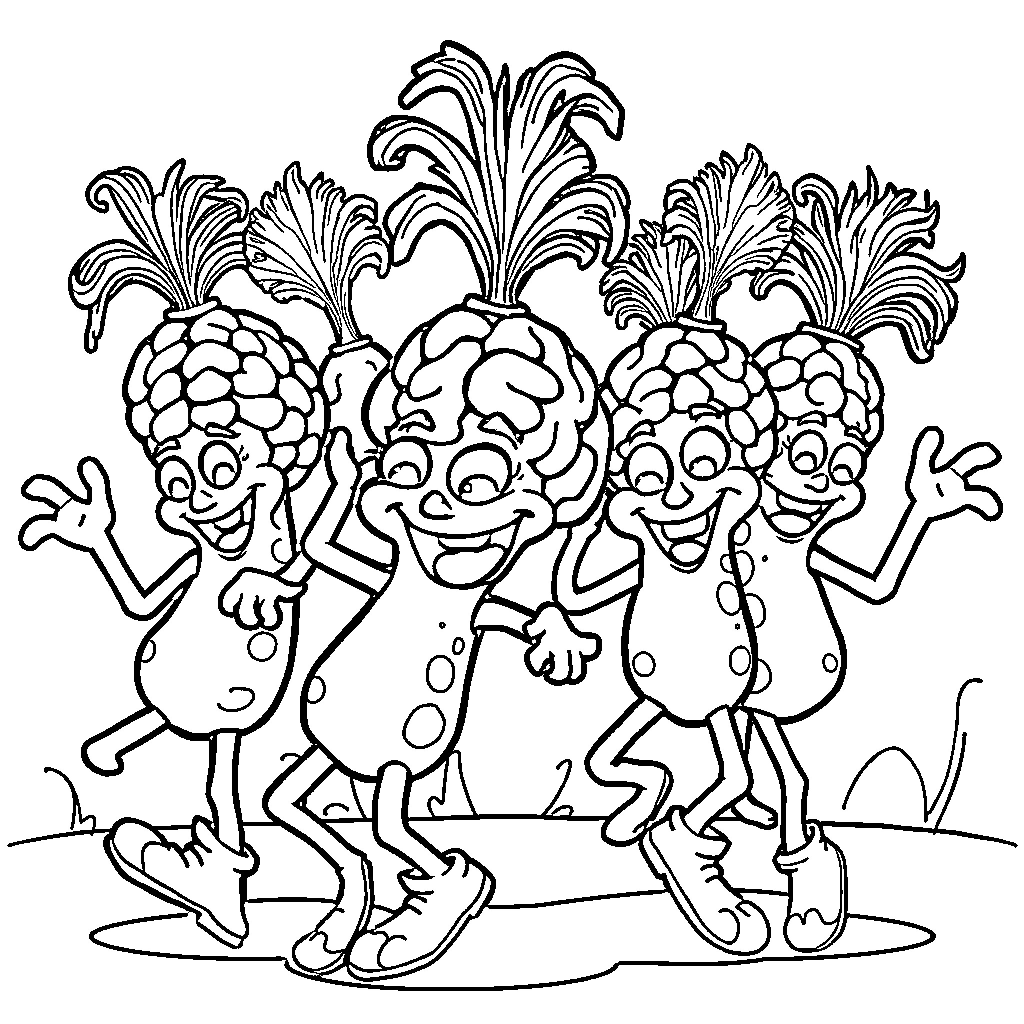 Brainrot Pineapple People Frolicking in Monochrome Coloring Page (free black-and-white line drawing printable PDF for all, from beginners to advanced learners, including children, teens, adults, and seniors)