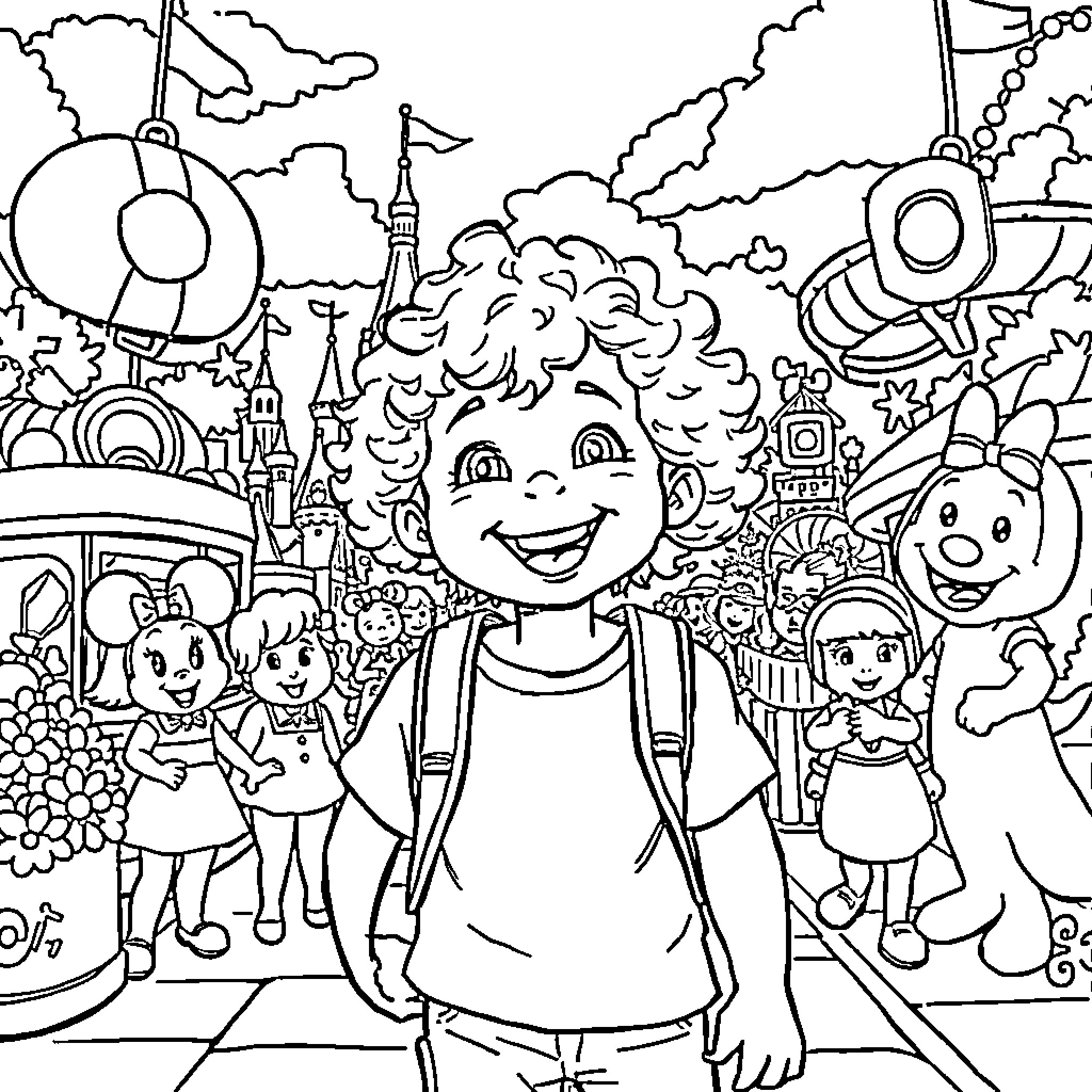 Child exploring a vibrant, fantastical theme park Coloring Page (free black-and-white line drawing printable PDF for all, from beginners to advanced learners, including children, teens, adults, and seniors)