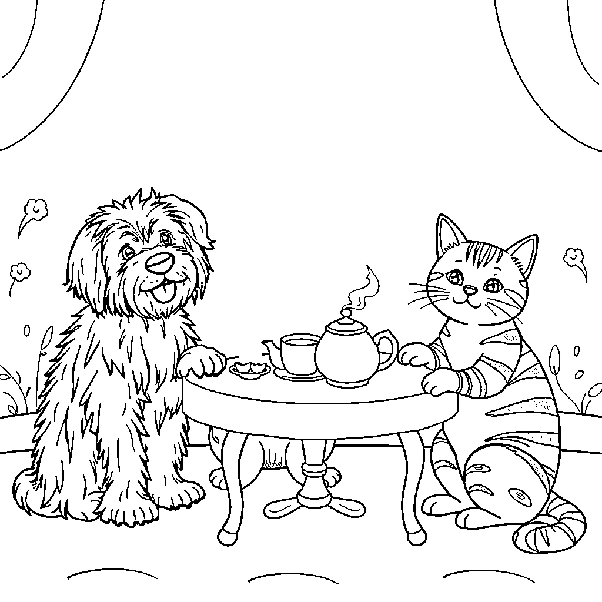 Dog and Cat Enjoying Tea Together Coloring Page (free black-and-white line drawing printable PDF for all, from beginners to advanced learners, including children, teens, adults, and seniors)