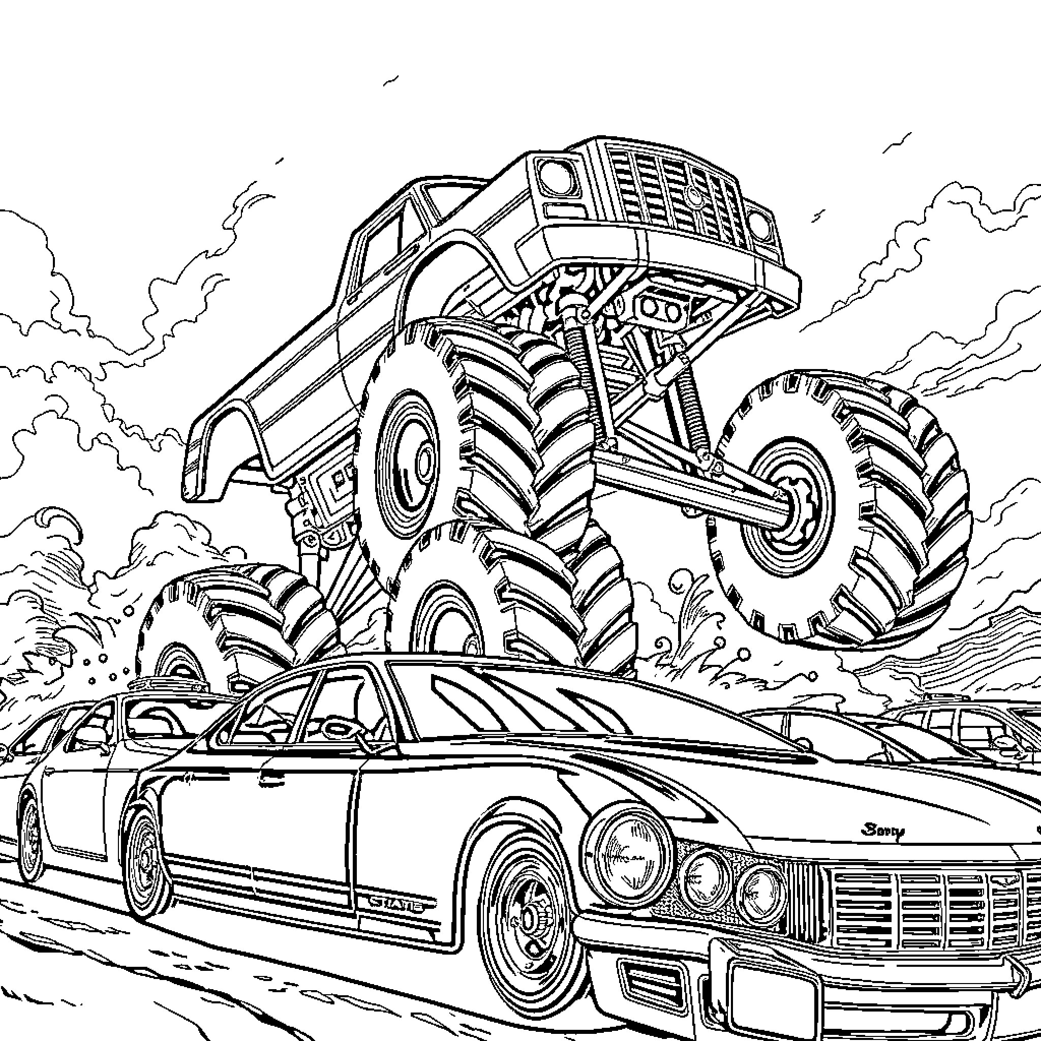 Monster Truck crushing cars in a chaotic scene Coloring Page (free black-and-white line drawing printable PDF for all, from beginners to advanced learners, including children, teens, adults, and seniors)