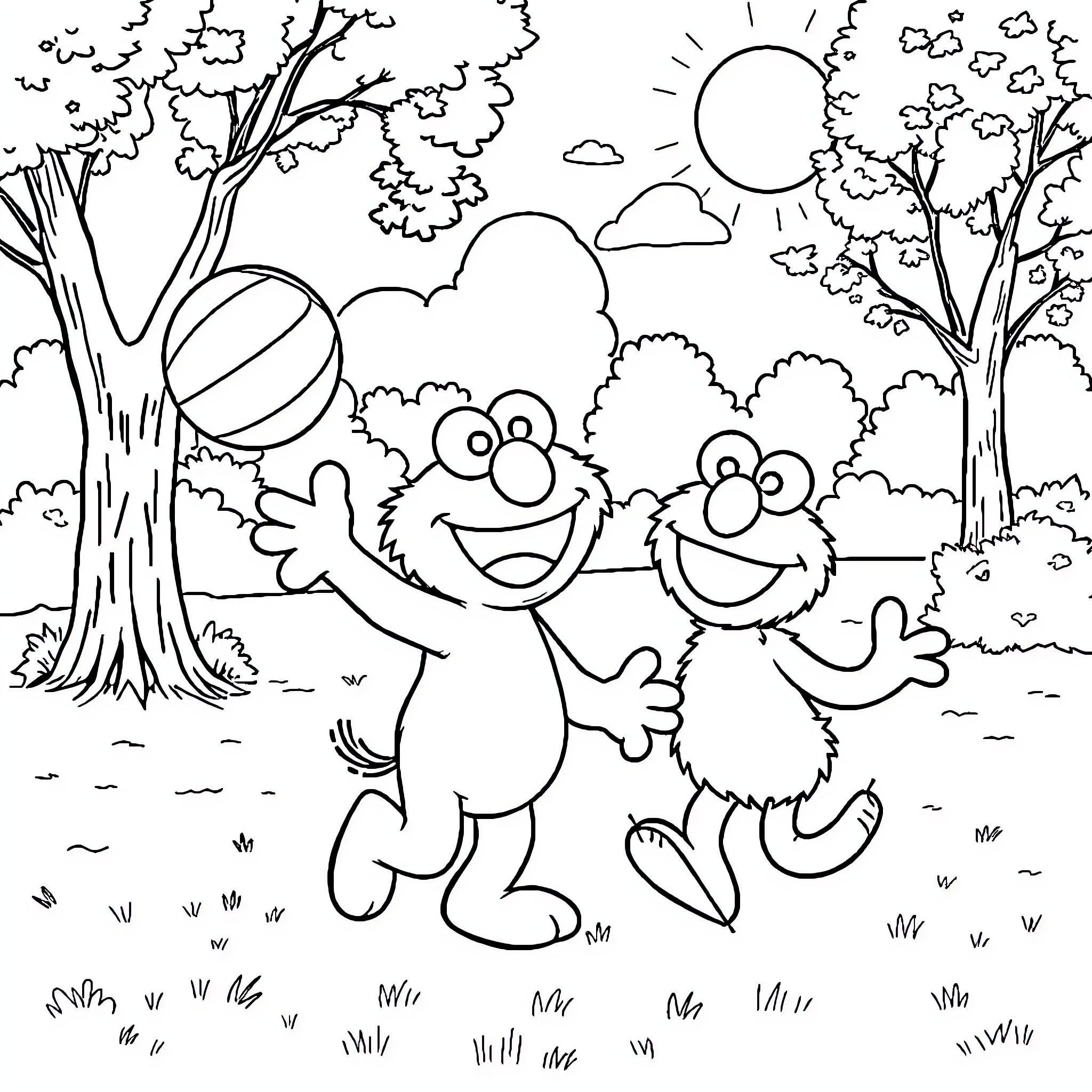 Bluey and Friends Explore the Enchanted Forest Coloring Page (free black-and-white line drawing printable PDF for all, from beginners to advanced learners, including children, teens, adults, and seniors)