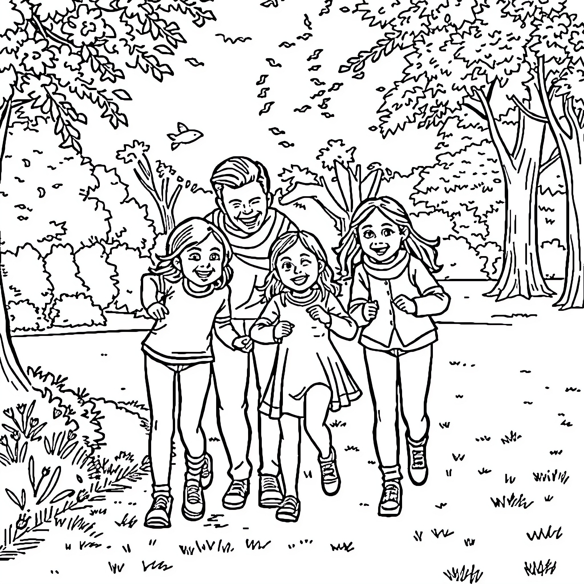 Family enjoying a walk in the park Coloring Page (free black-and-white line drawing printable PDF for all, from beginners to advanced learners, including children, teens, adults, and seniors)