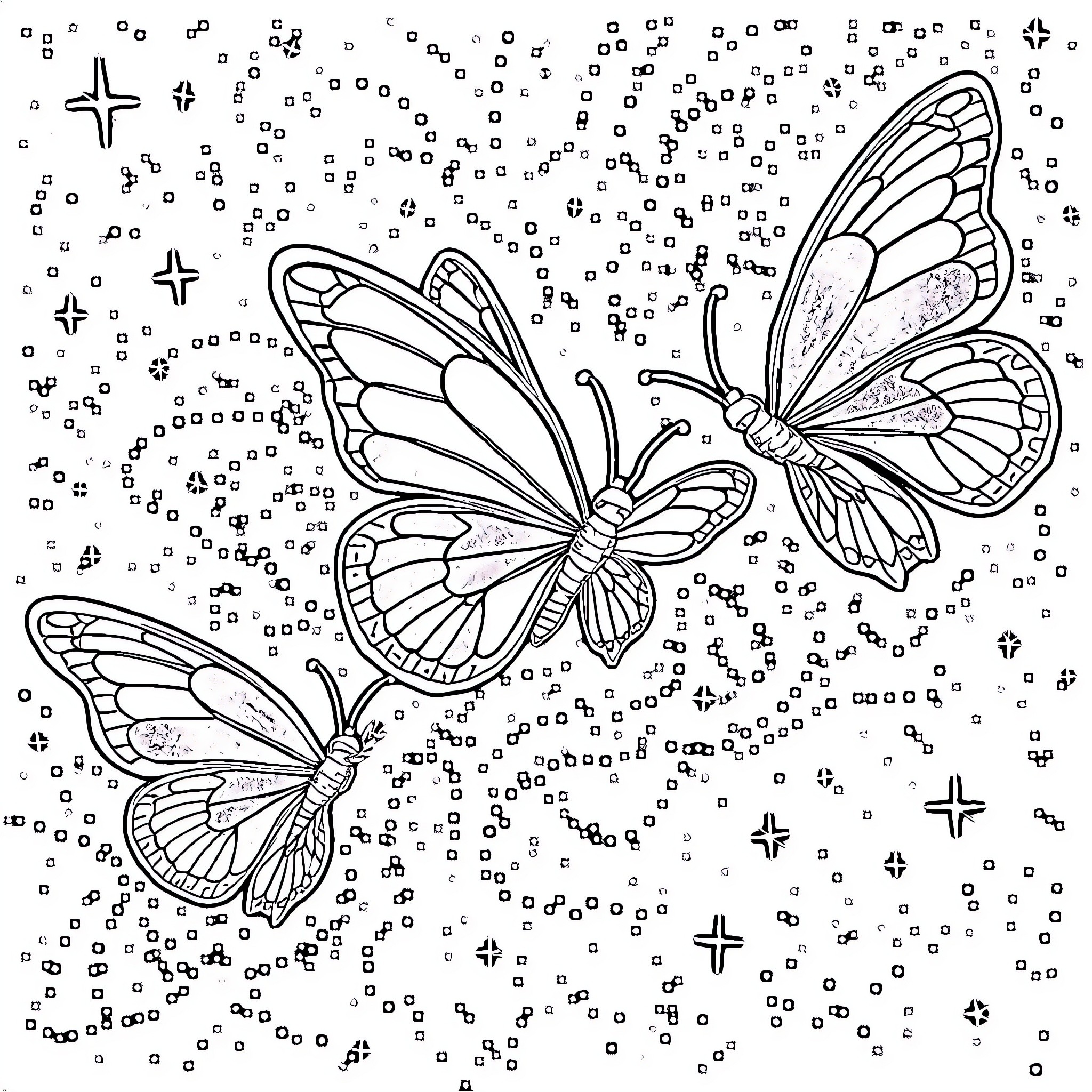 Butterfly fluttering in a starry night sky Coloring Page (free black-and-white line drawing printable PDF for all, from beginners to advanced learners, including children, teens, adults, and seniors)