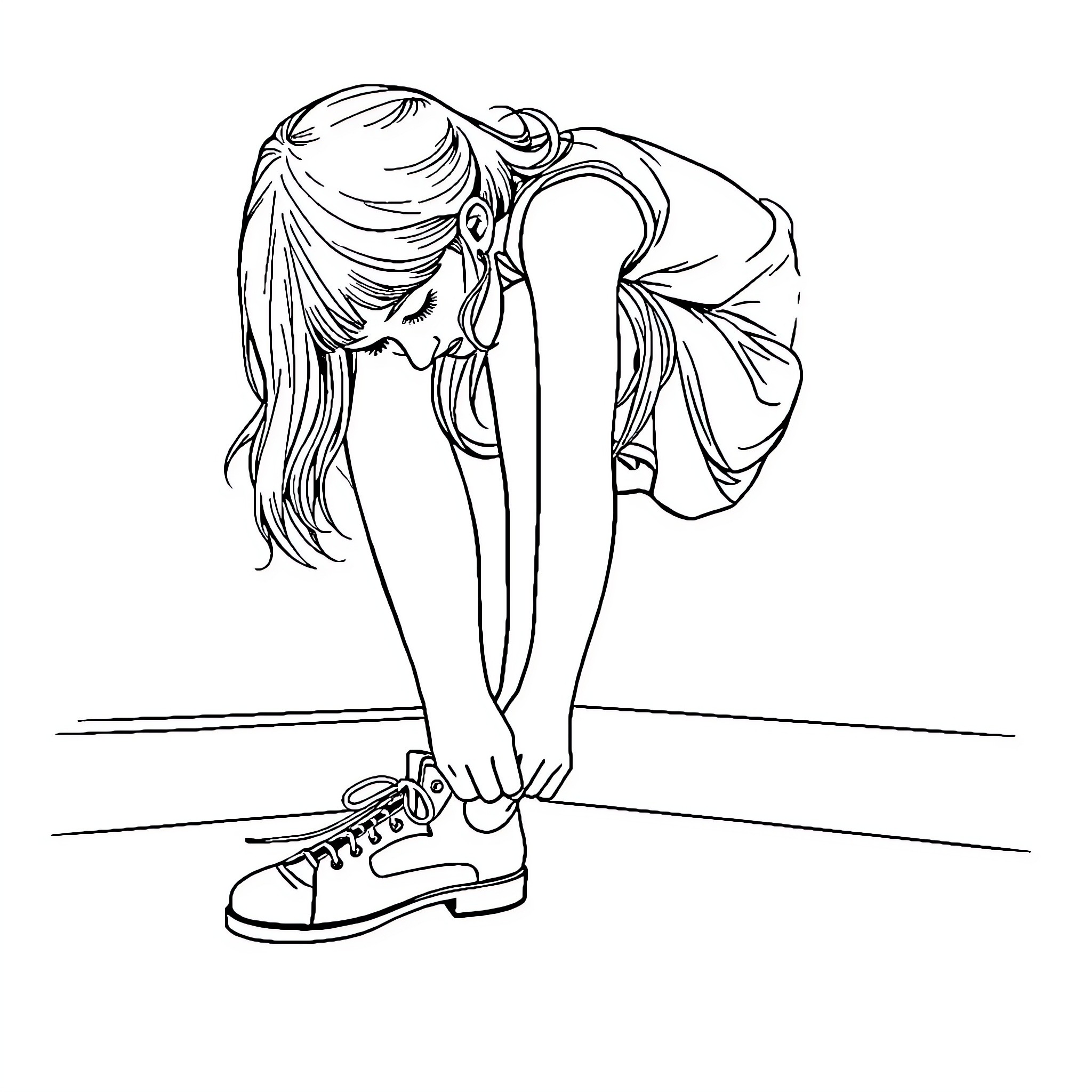 Girl Tying Her Sneakers Coloring Page (free black-and-white line drawing printable PDF for all, from beginners to advanced learners, including children, teens, adults, and seniors)