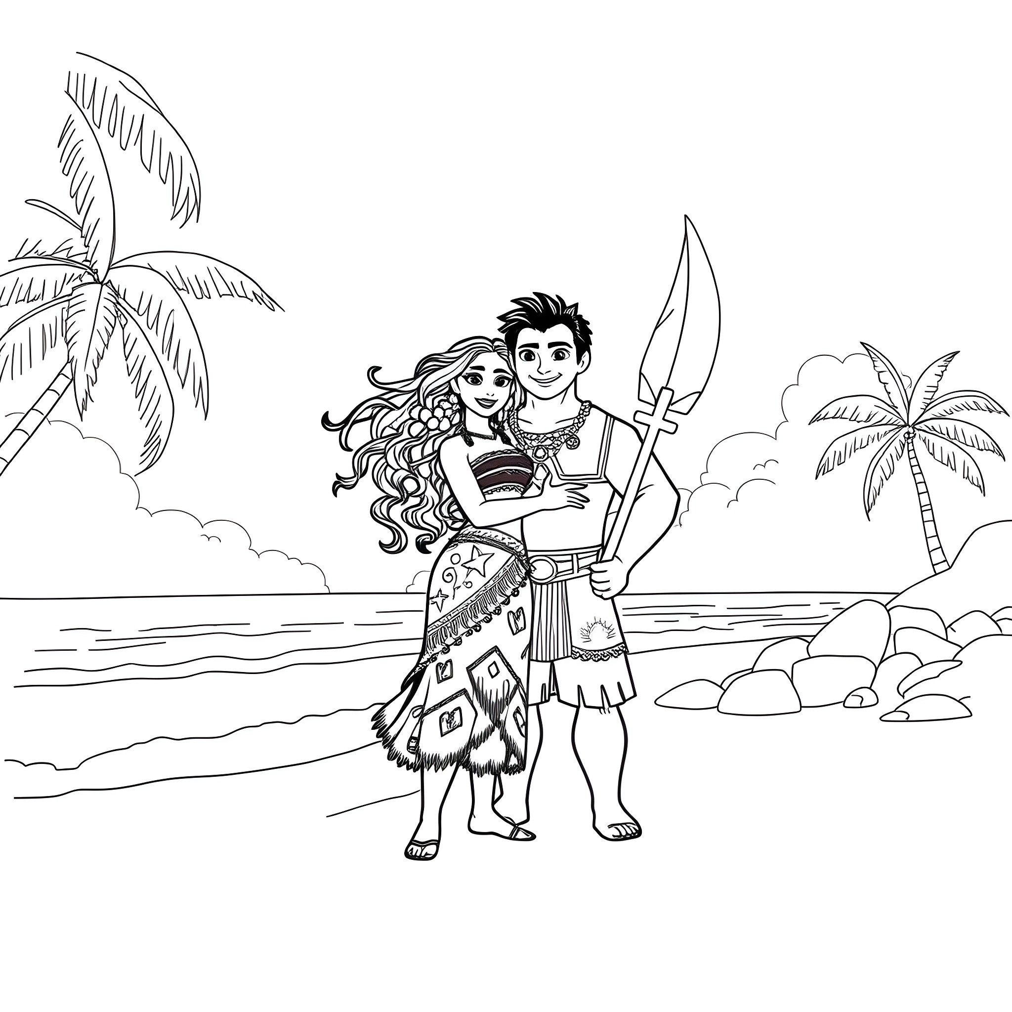 Moana and Maui on a tropical beach adventure Coloring Page (free black-and-white line drawing printable PDF for all, from beginners to advanced learners, including children, teens, adults, and seniors)