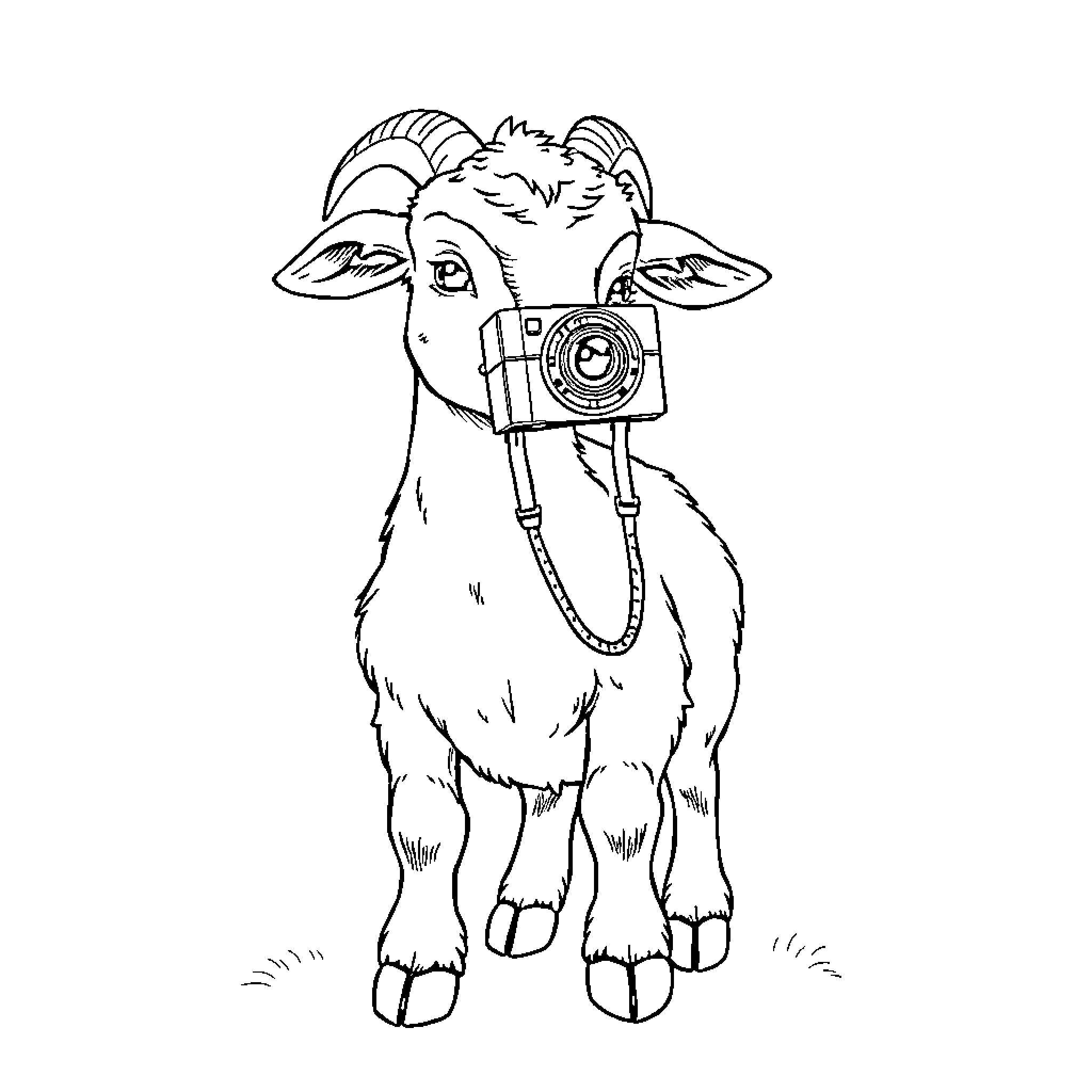 Goat holding a camera and posing Coloring Page (free black-and-white line drawing printable PDF for all, from beginners to advanced learners, including children, teens, adults, and seniors)
