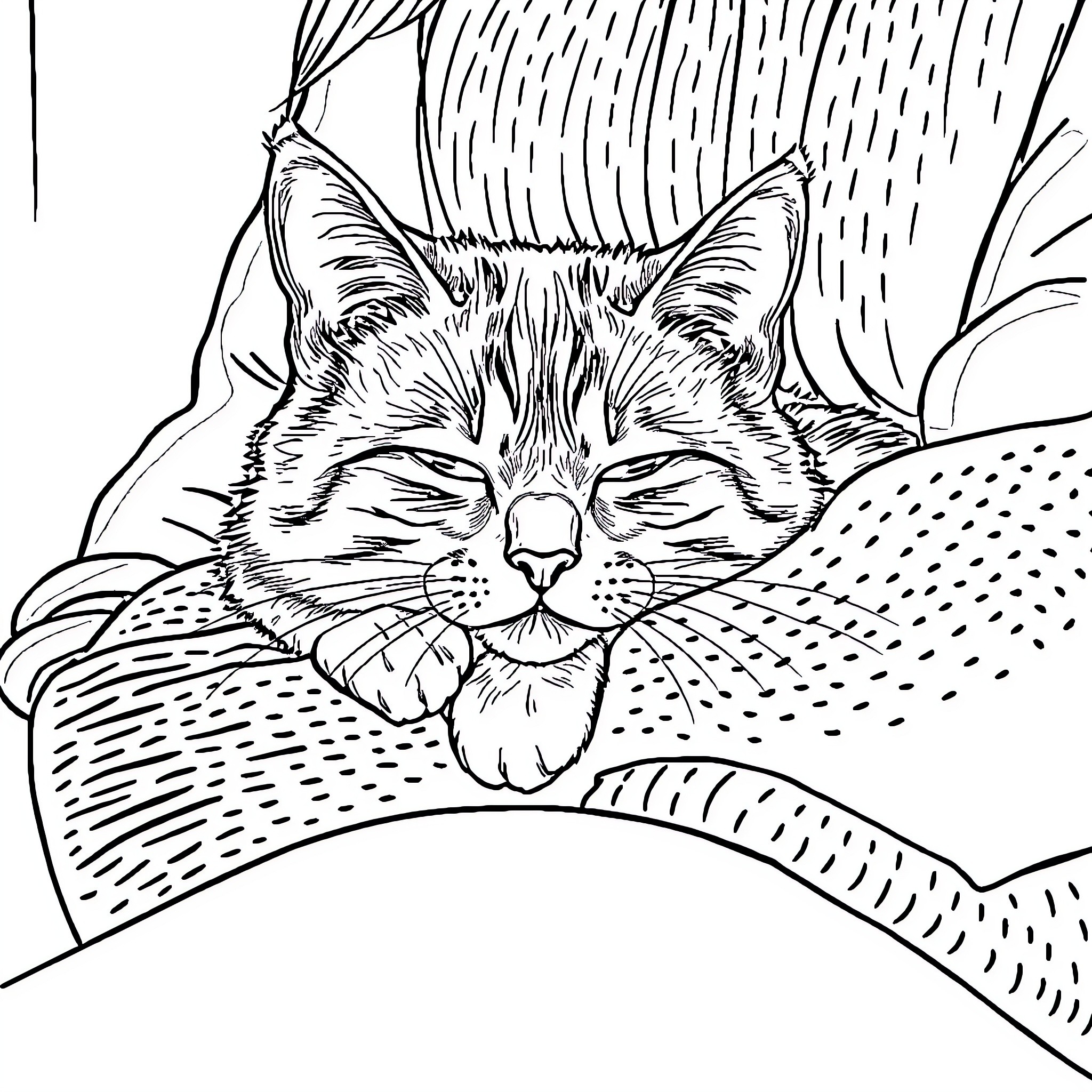 Cat napping peacefully in cozy surroundings Coloring Page (free black-and-white line drawing printable PDF for all, from beginners to advanced learners, including children, teens, adults, and seniors)