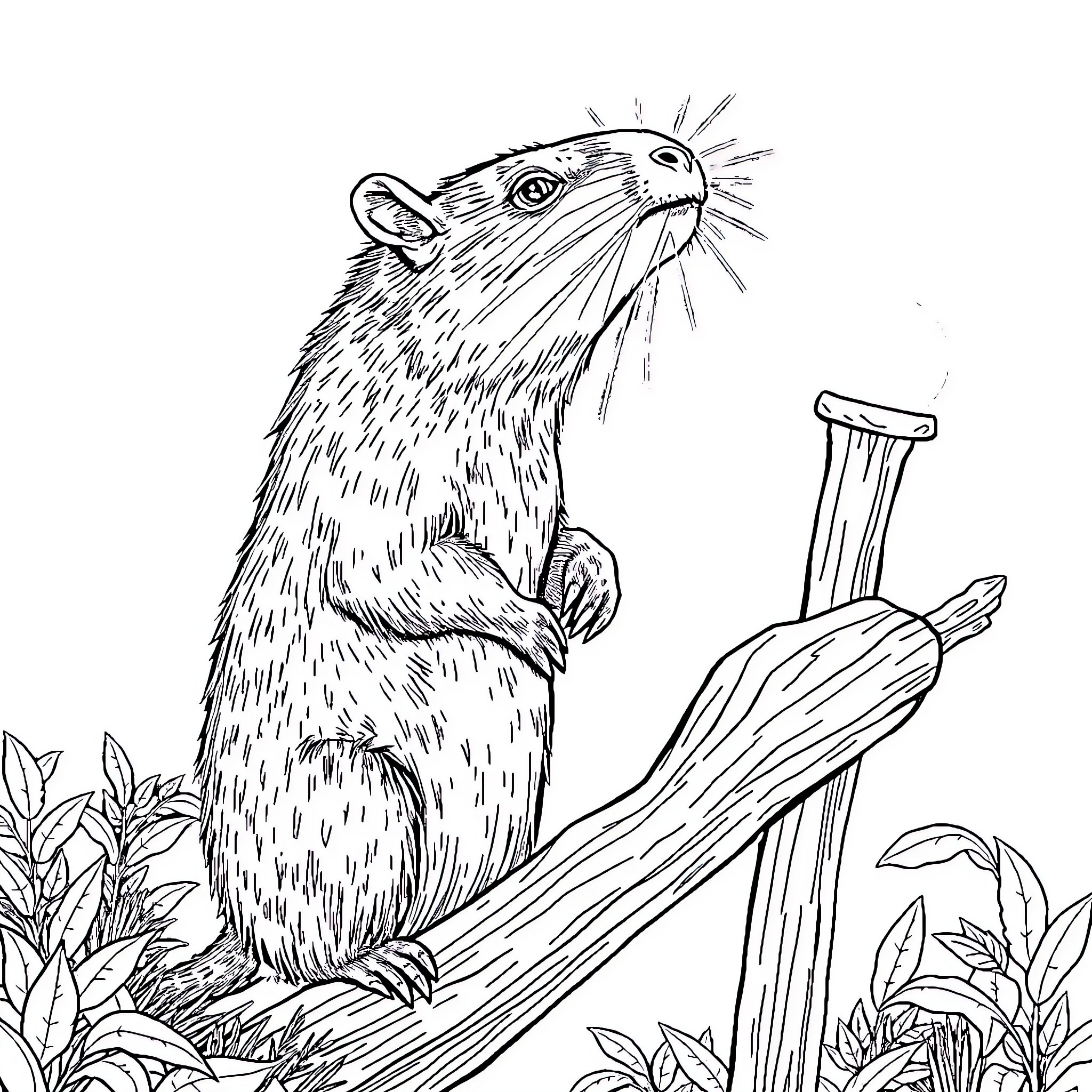 Capybara peeking curiously on a branch Coloring Page (free black-and-white line drawing printable PDF for all, from beginners to advanced learners, including children, teens, adults, and seniors)