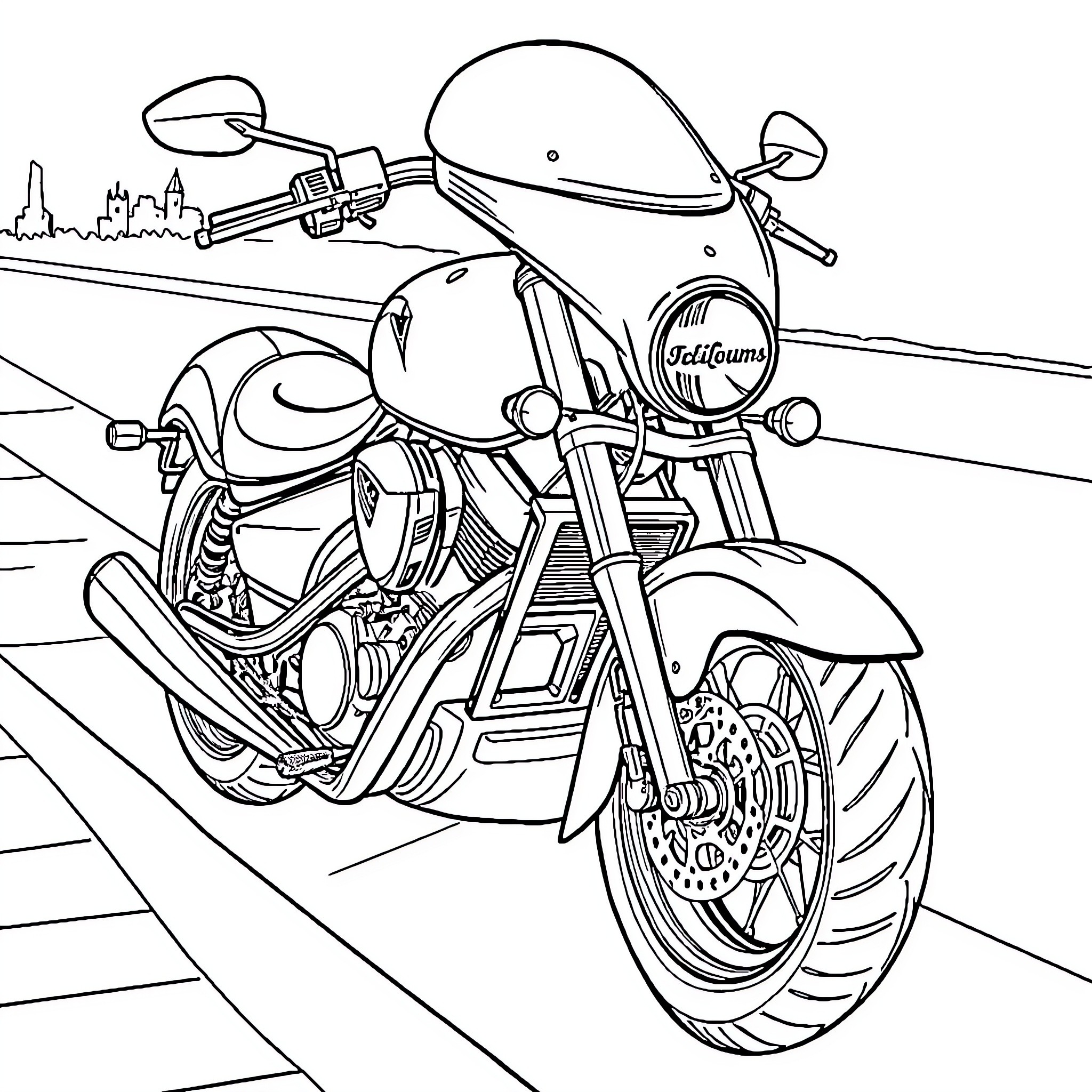 Motorcycle on the open road with city skyline Coloring Page (free black-and-white line drawing printable PDF for all, from beginners to advanced learners, including children, teens, adults, and seniors)