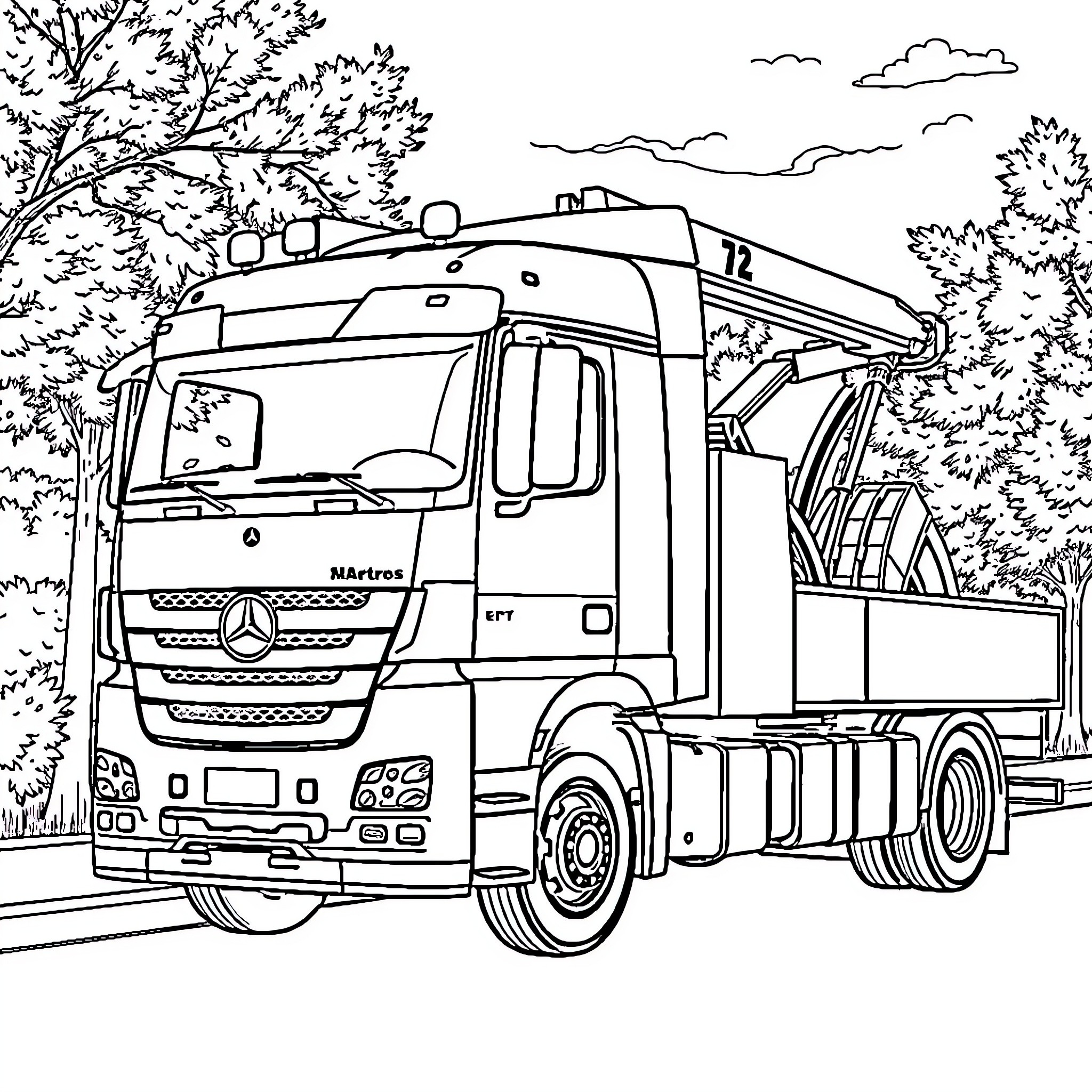 Mercedes Actros truck in natural landscape Coloring Page (free black-and-white line drawing printable PDF for all, from beginners to advanced learners, including children, teens, adults, and seniors)