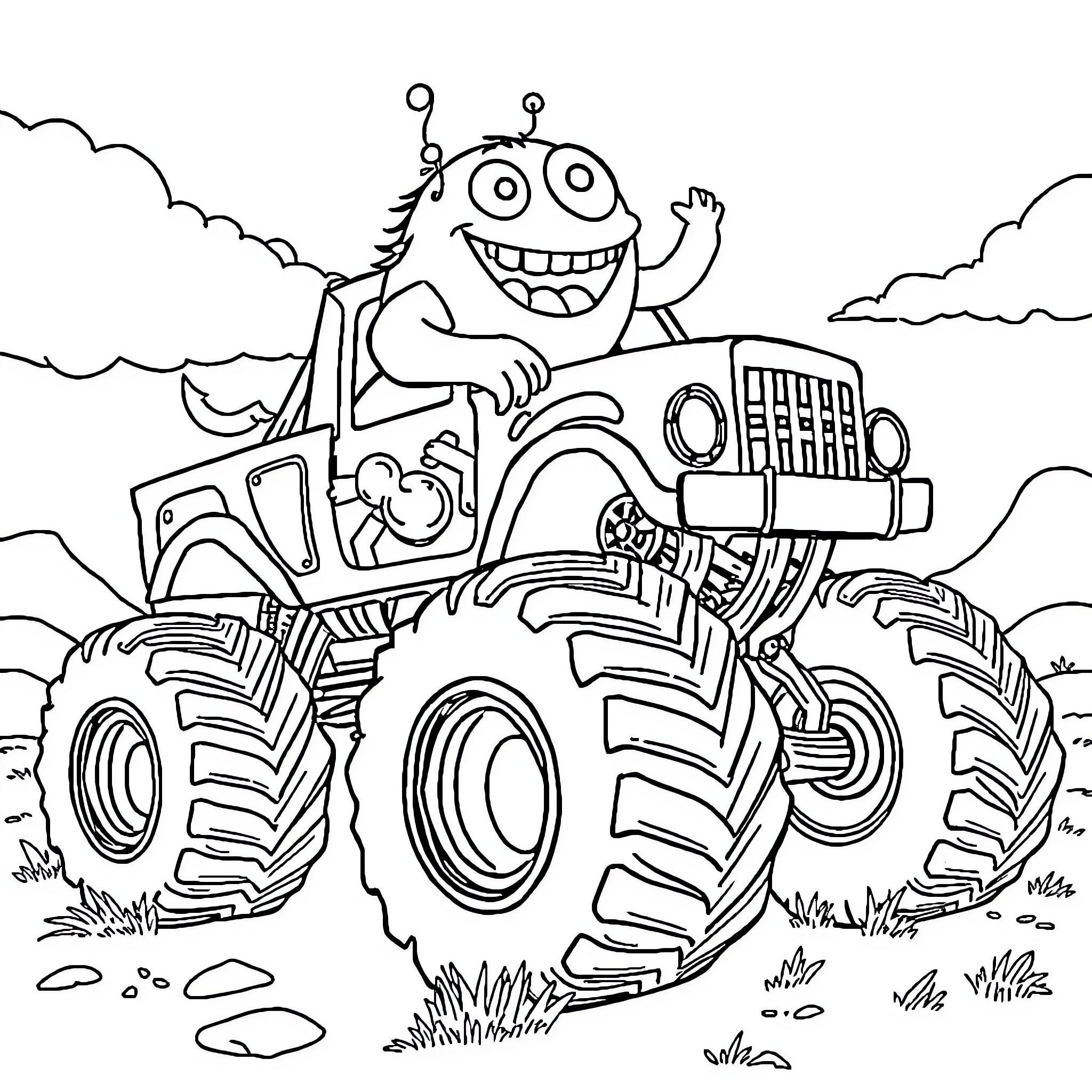 Monster driving a large tractor across the field Coloring Page (free black-and-white line drawing printable PDF for all, from beginners to advanced learners, including children, teens, adults, and seniors)