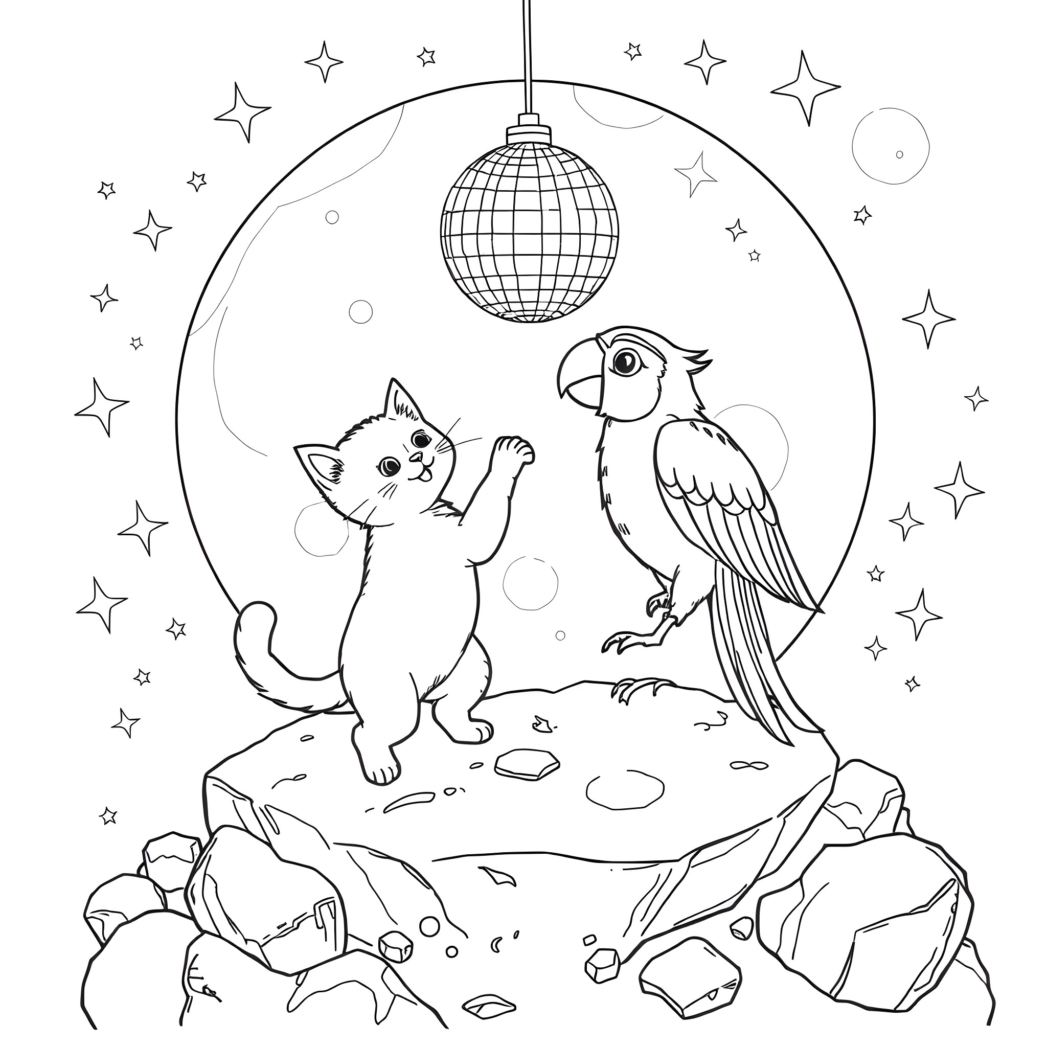 Cat exploring with a parrot under a disco ball Coloring Page (free black-and-white line drawing printable PDF for all, from beginners to advanced learners, including children, teens, adults, and seniors)
