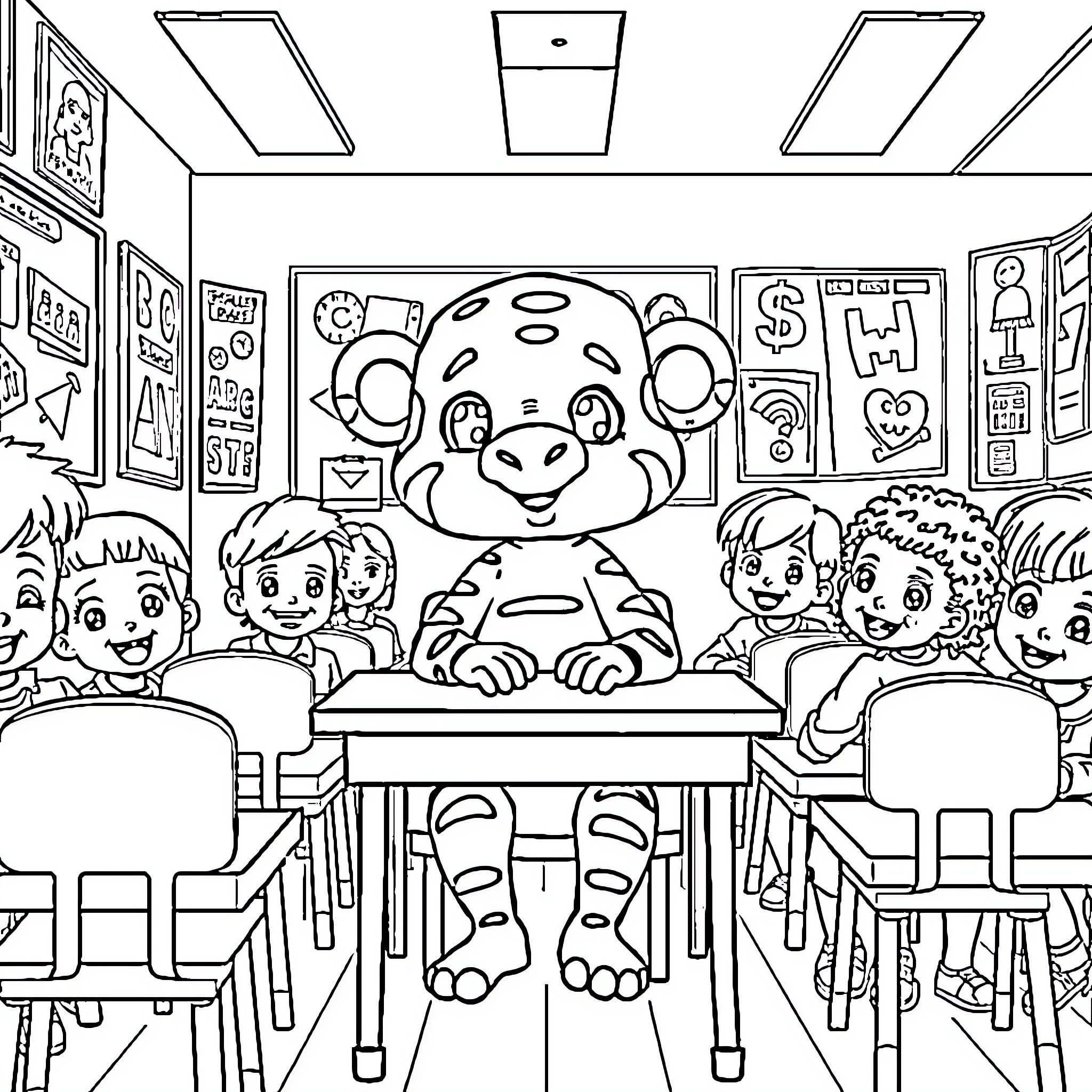 Labubu's Fun Day at the Classroom Coloring Page (free black-and-white line drawing printable PDF for all, from beginners to advanced learners, including children, teens, adults, and seniors)