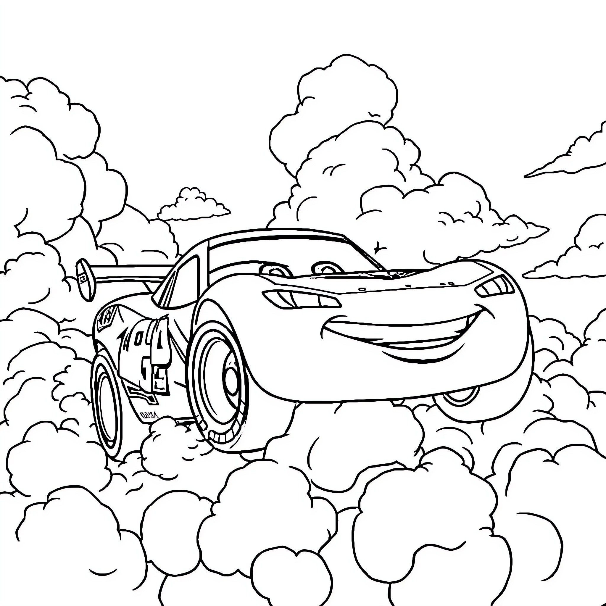 Lightning McQueen racing through the clouds Coloring Page (free black-and-white line drawing printable PDF for all, from beginners to advanced learners, including children, teens, adults, and seniors)
