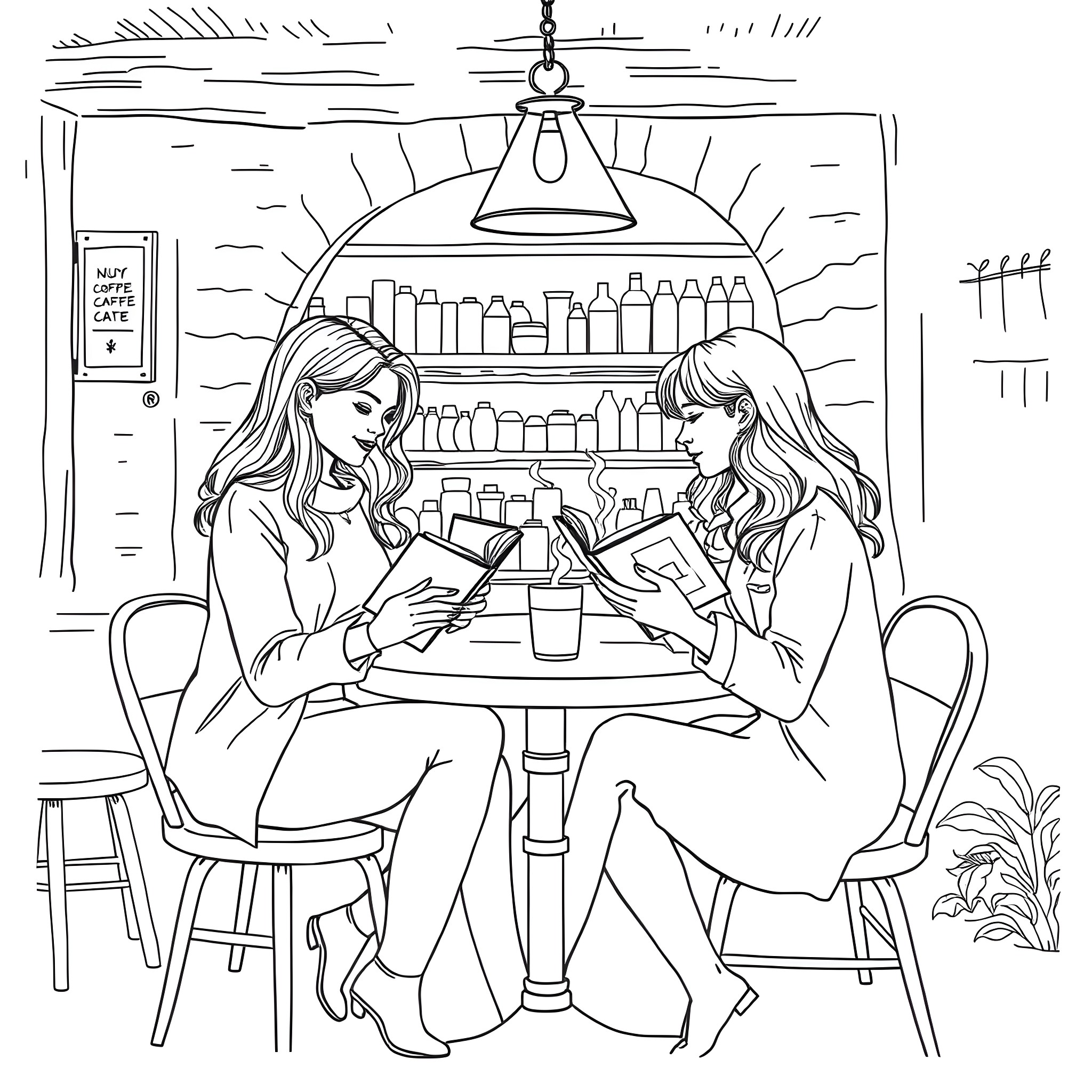 Women enjoying coffee and books at a cafe Coloring Page (free black-and-white line drawing printable PDF for all, from beginners to advanced learners, including children, teens, adults, and seniors)