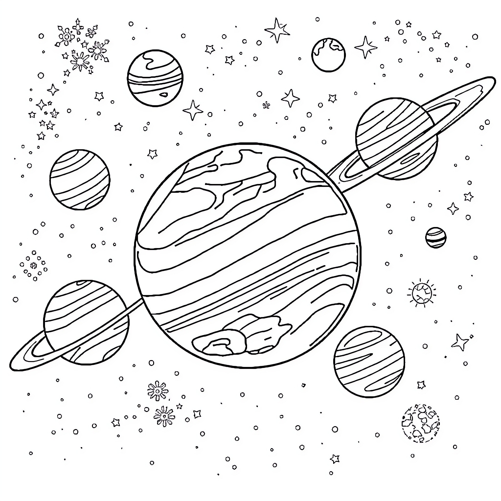 Planet filled with celestial objects and stars Coloring Page (free black-and-white line drawing printable PDF for all, from beginners to advanced learners, including children, teens, adults, and seniors)
