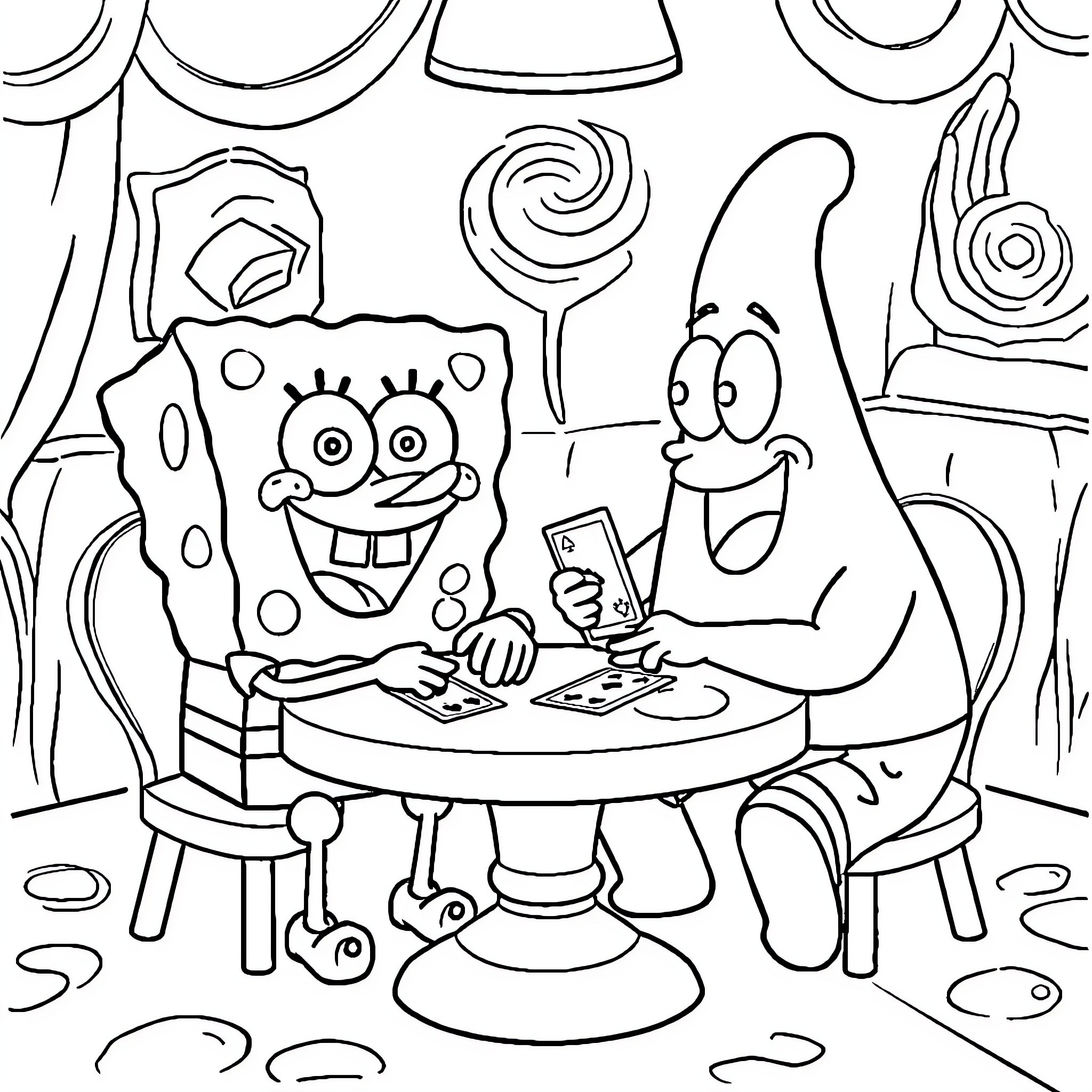 Spongebob and Patrick Enjoying a Meal Together Coloring Page (free black-and-white line drawing printable PDF for all, from beginners to advanced learners, including children, teens, adults, and seniors)
