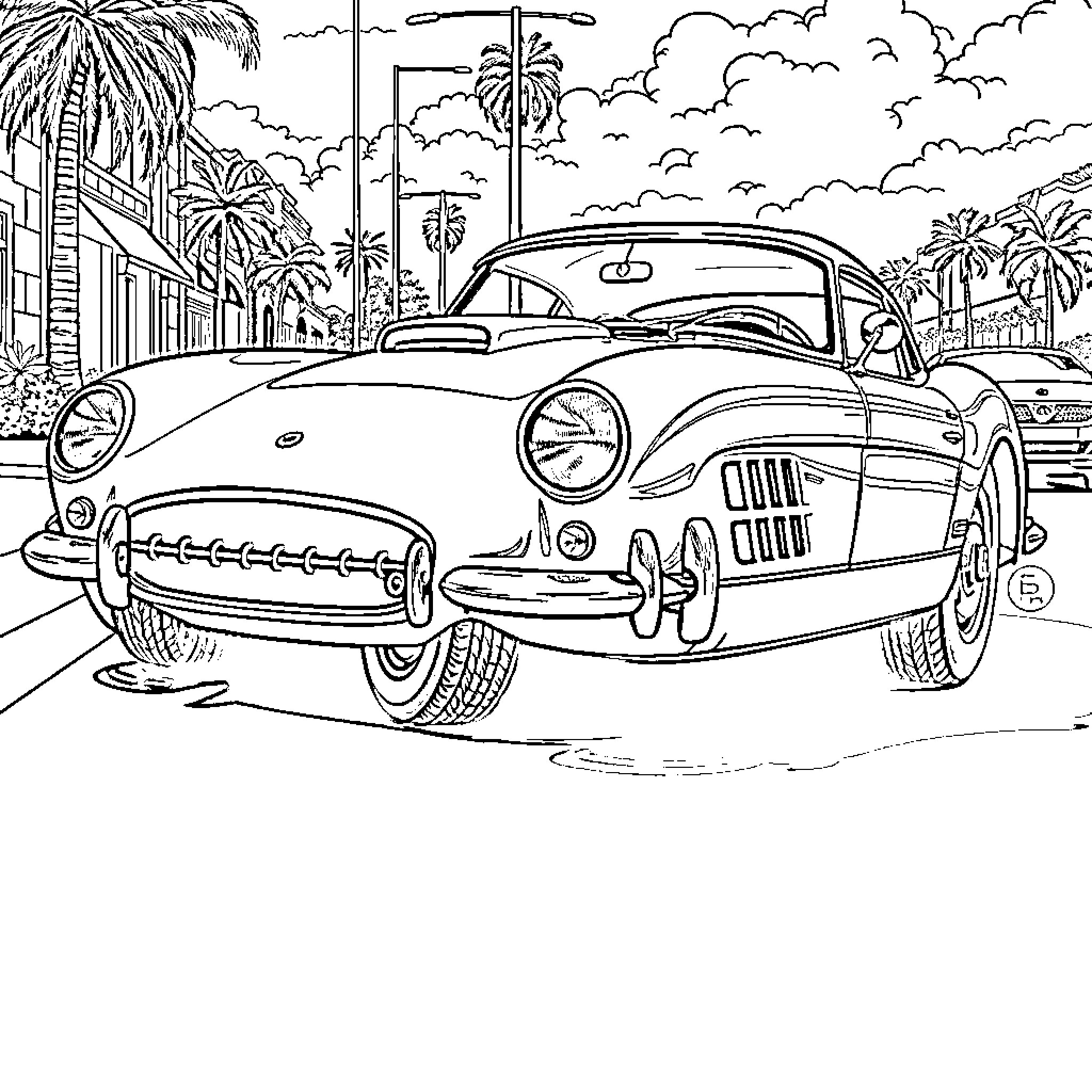 Vintage Car on Tropical Street Coloring Page (free black-and-white line drawing printable PDF for all, from beginners to advanced learners, including children, teens, adults, and seniors)