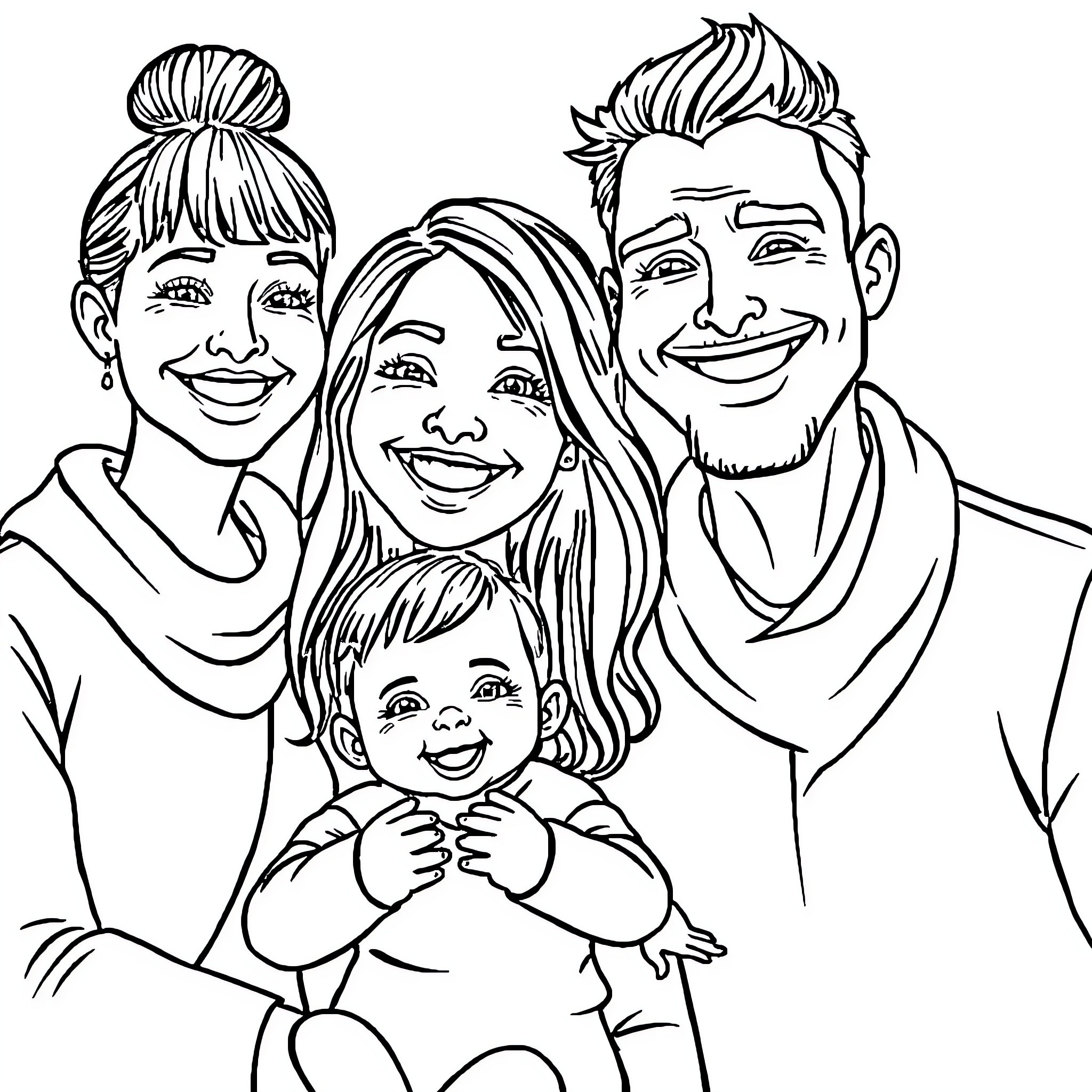 Family enjoying a happy moment together Coloring Page (free black-and-white line drawing printable PDF for all, from beginners to advanced learners, including children, teens, adults, and seniors)