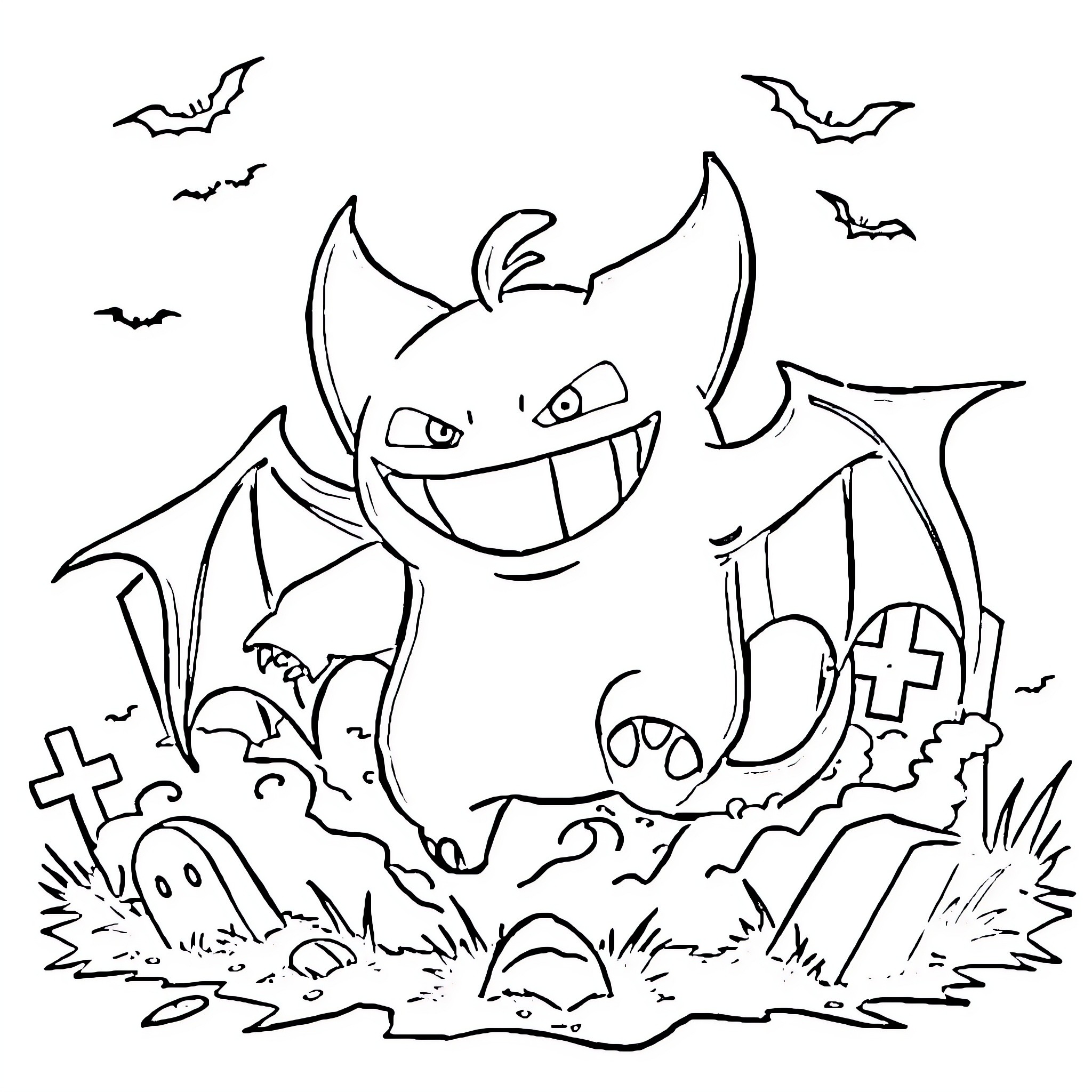 Gengar's Spooky Halloween Adventure Coloring Page (free black-and-white line drawing printable PDF for all, from beginners to advanced learners, including children, teens, adults, and seniors)