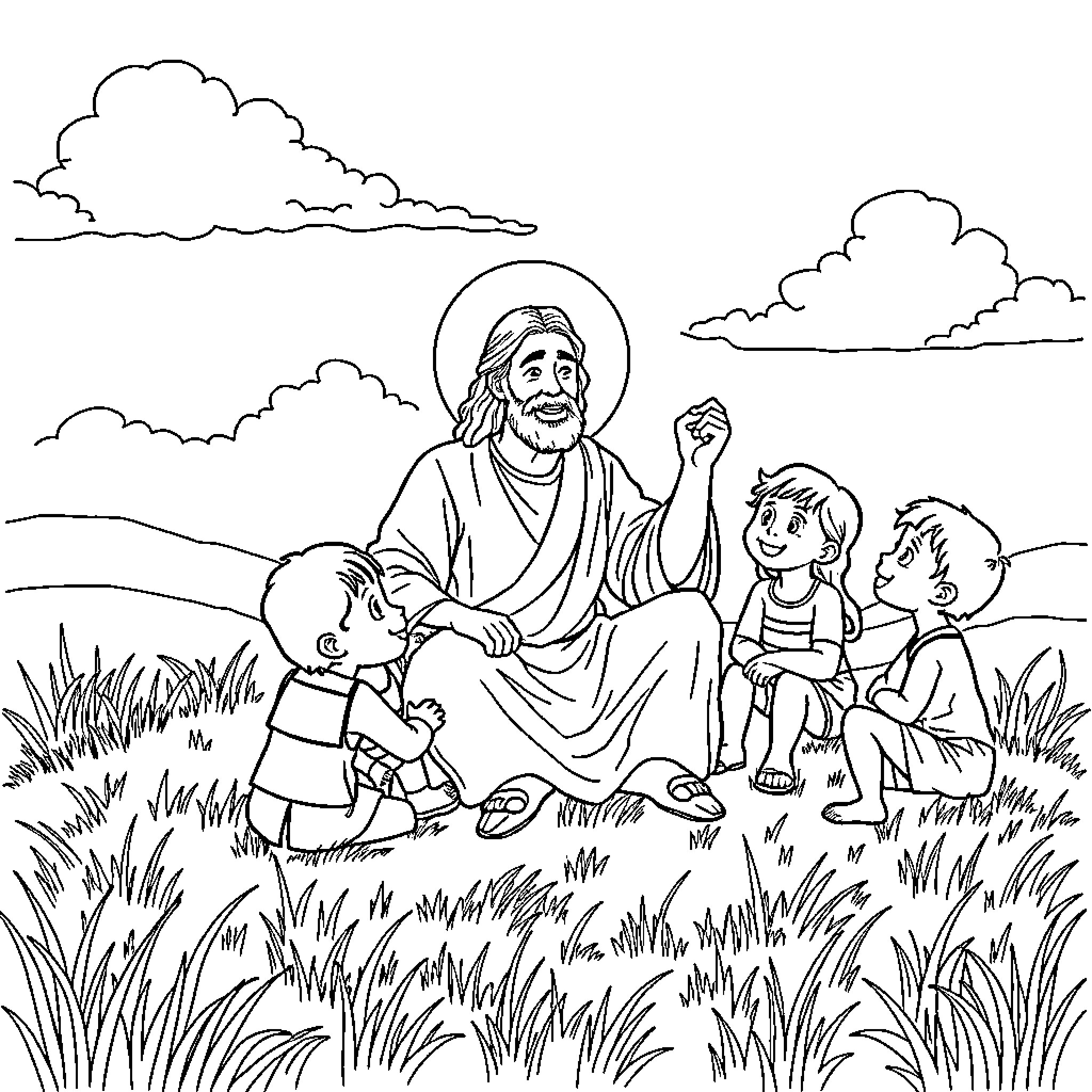 Jesus Blessing and Comforting Children in the Meadow Coloring Page (free black-and-white line drawing printable PDF for all, from beginners to advanced learners, including children, teens, adults, and seniors)