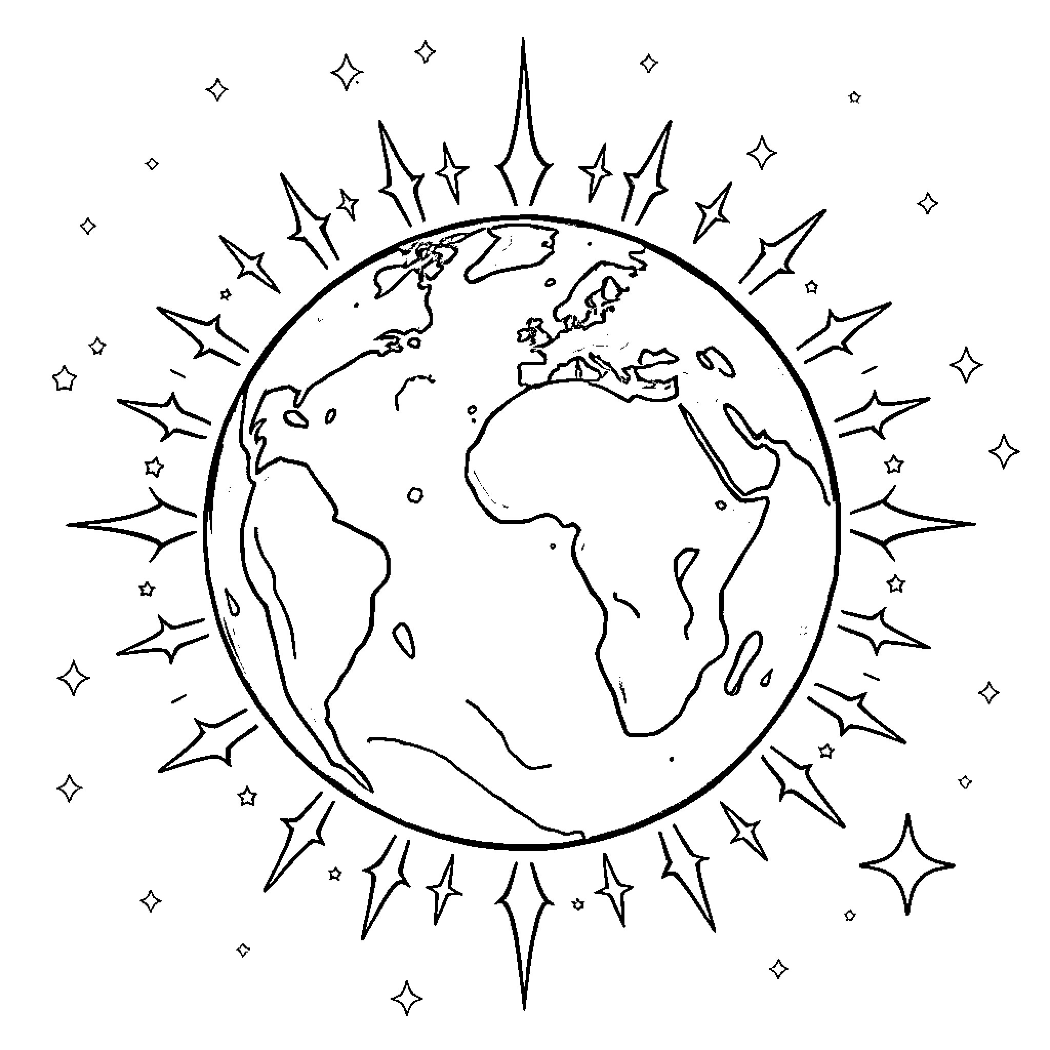 World Glowing Planet with Radiant Stars Coloring Page (free black-and-white line drawing printable PDF for all, from beginners to advanced learners, including children, teens, adults, and seniors)