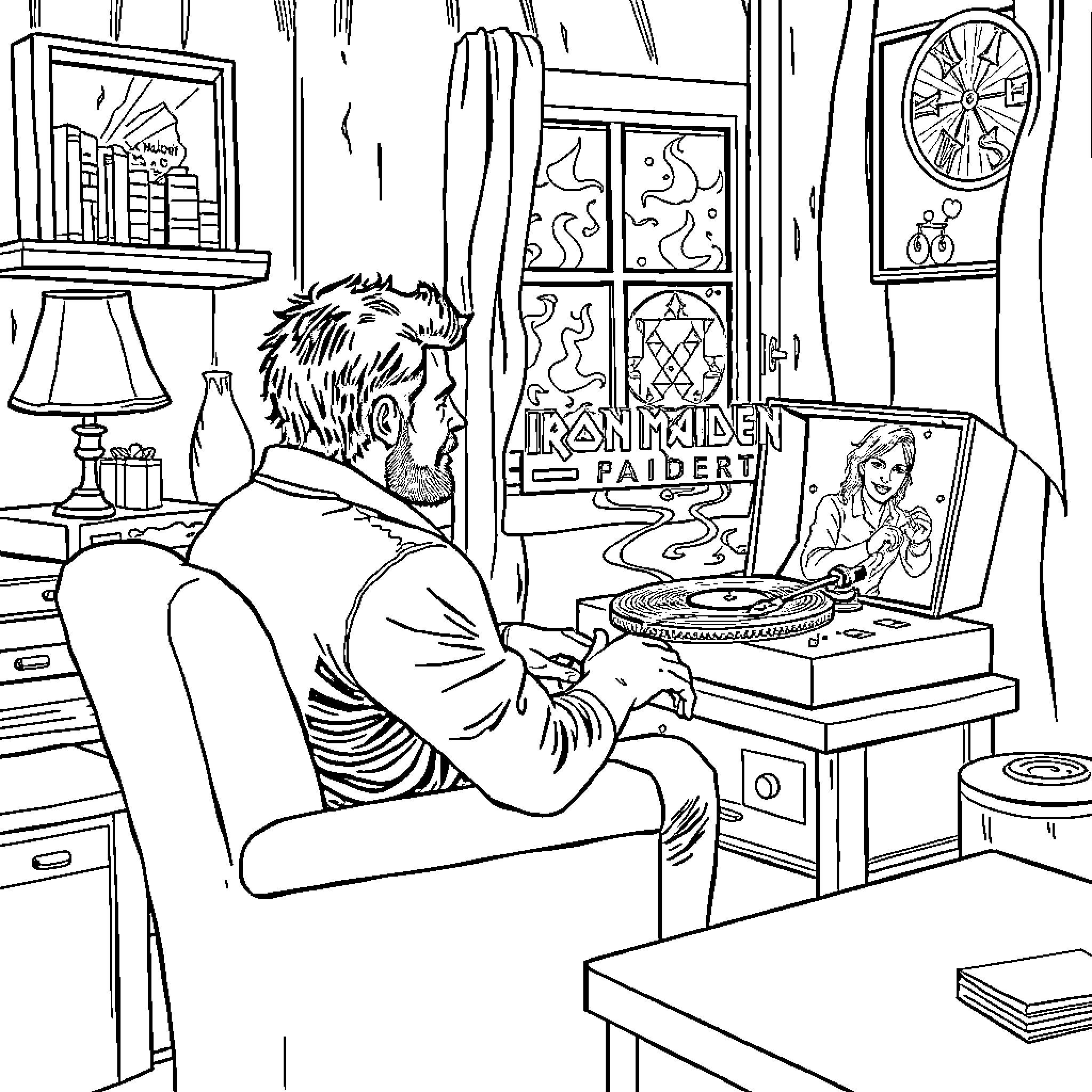 Man intently listening to music in his home Coloring Page (free black-and-white line drawing printable PDF for all, from beginners to advanced learners, including children, teens, adults, and seniors)