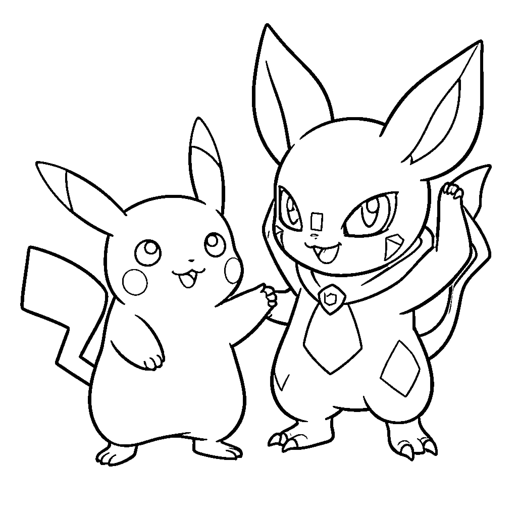 Pikachu and partner posing together with joyful expressions Coloring Page (free black-and-white line drawing printable PDF for all, from beginners to advanced learners, including children, teens, adults, and seniors)