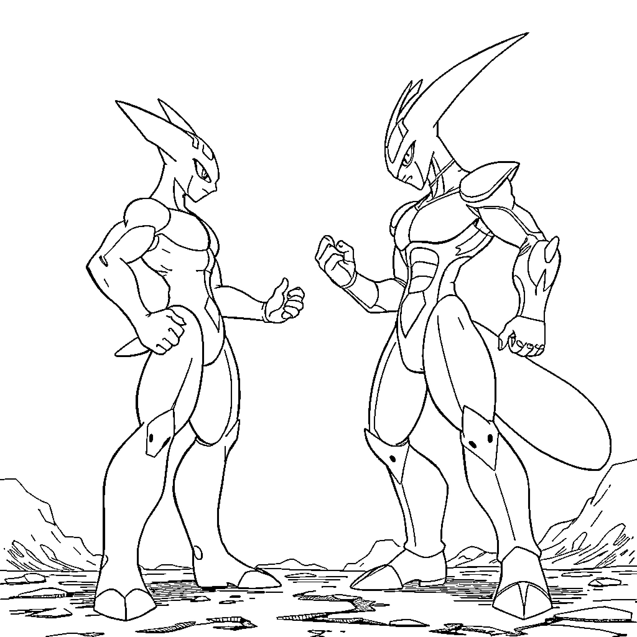 Mewtwo engaged in intense battle Coloring Page (free black-and-white line drawing printable PDF for all, from beginners to advanced learners, including children, teens, adults, and seniors)