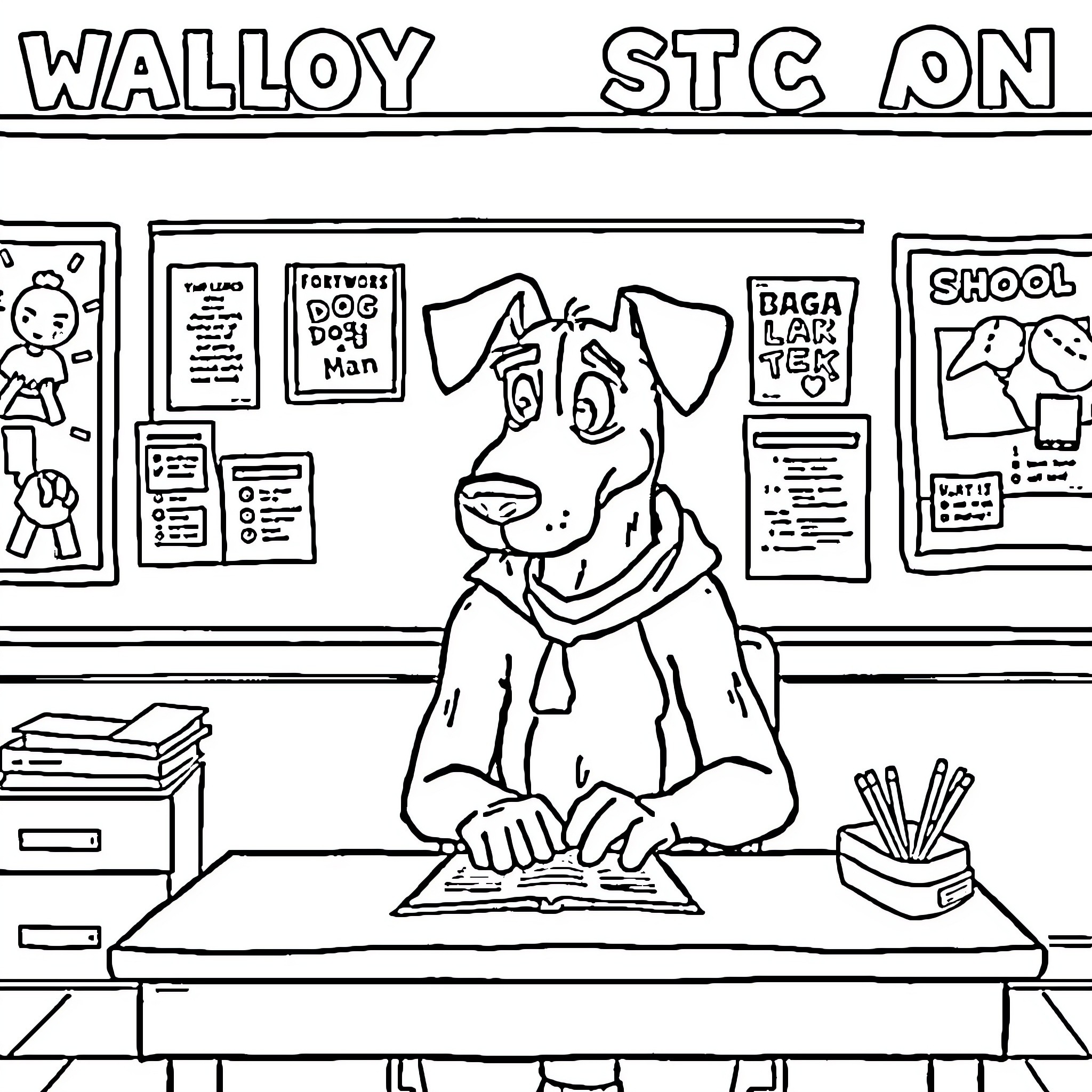 Dog Man diligently working at his school desk Coloring Page (free black-and-white line drawing printable PDF for all, from beginners to advanced learners, including children, teens, adults, and seniors)
