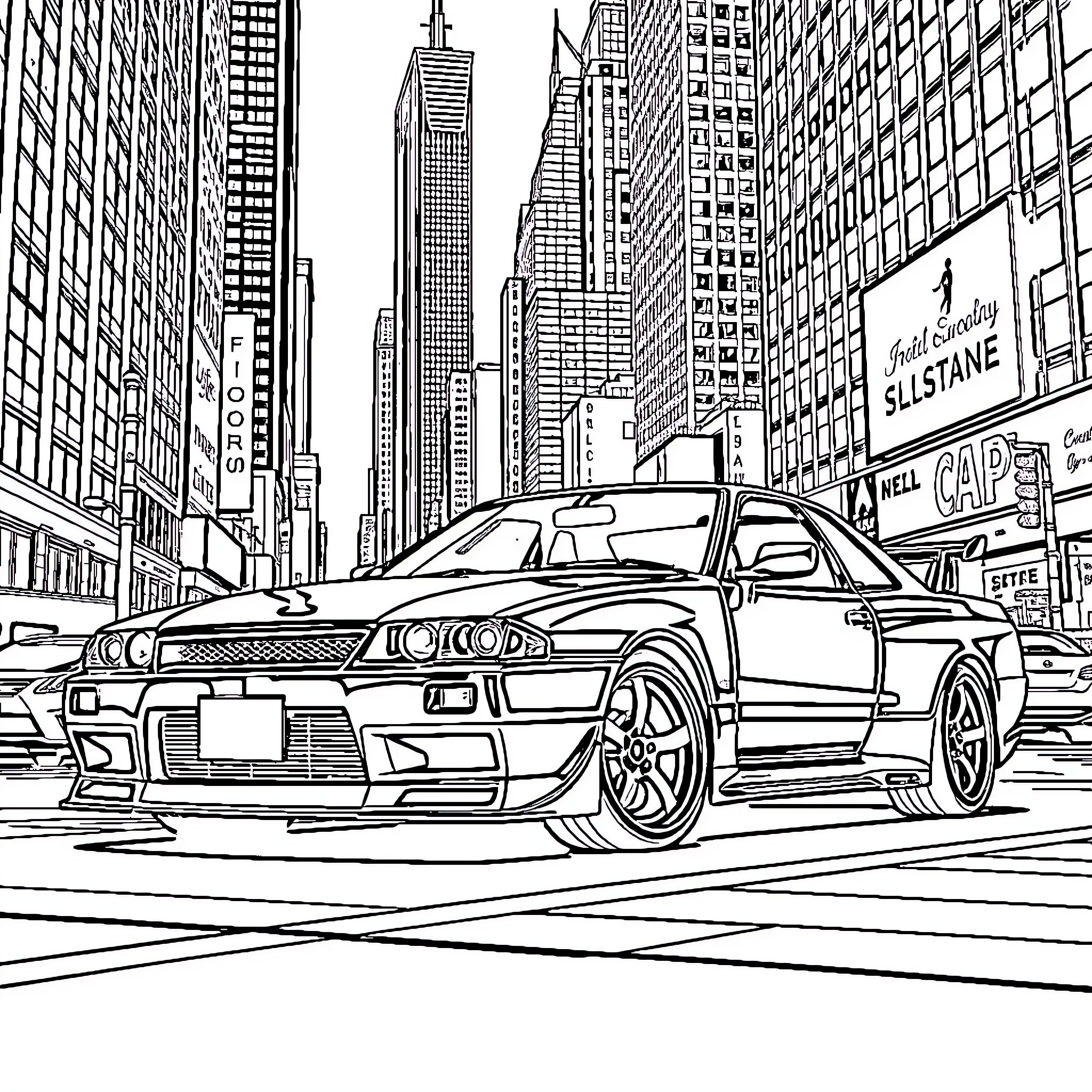 Nissan sports car on city streets Coloring Page (free black-and-white line drawing printable PDF for all, from beginners to advanced learners, including children, teens, adults, and seniors)