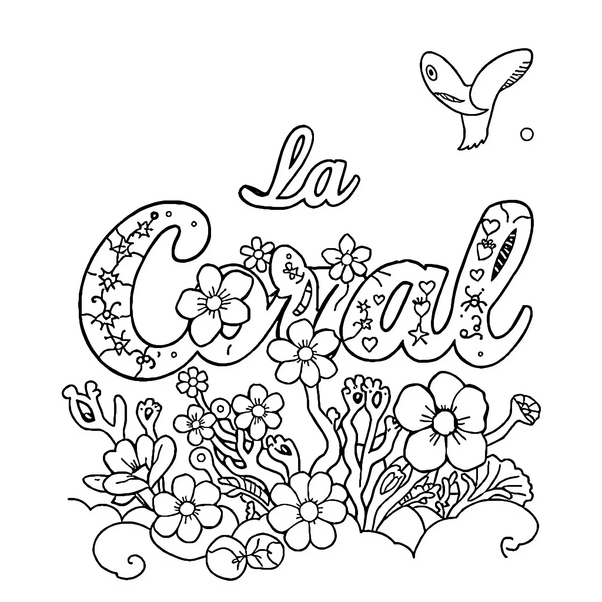 Coral Garden with Colorful Flowers and Birds Coloring Page (free black-and-white line drawing printable PDF for all, from beginners to advanced learners, including children, teens, adults, and seniors)
