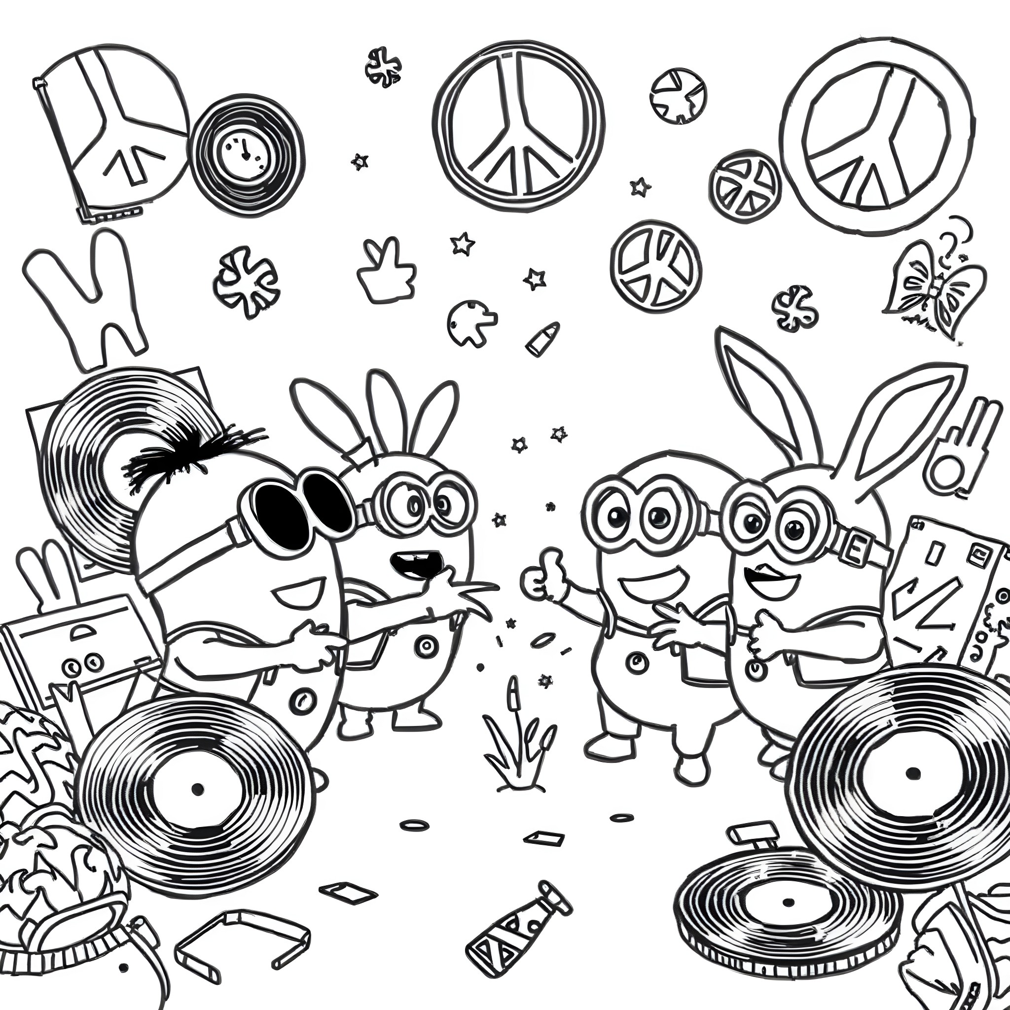 Minion characters celebrating with music and peace symbols Coloring Page (free black-and-white line drawing printable PDF for all, from beginners to advanced learners, including children, teens, adults, and seniors)