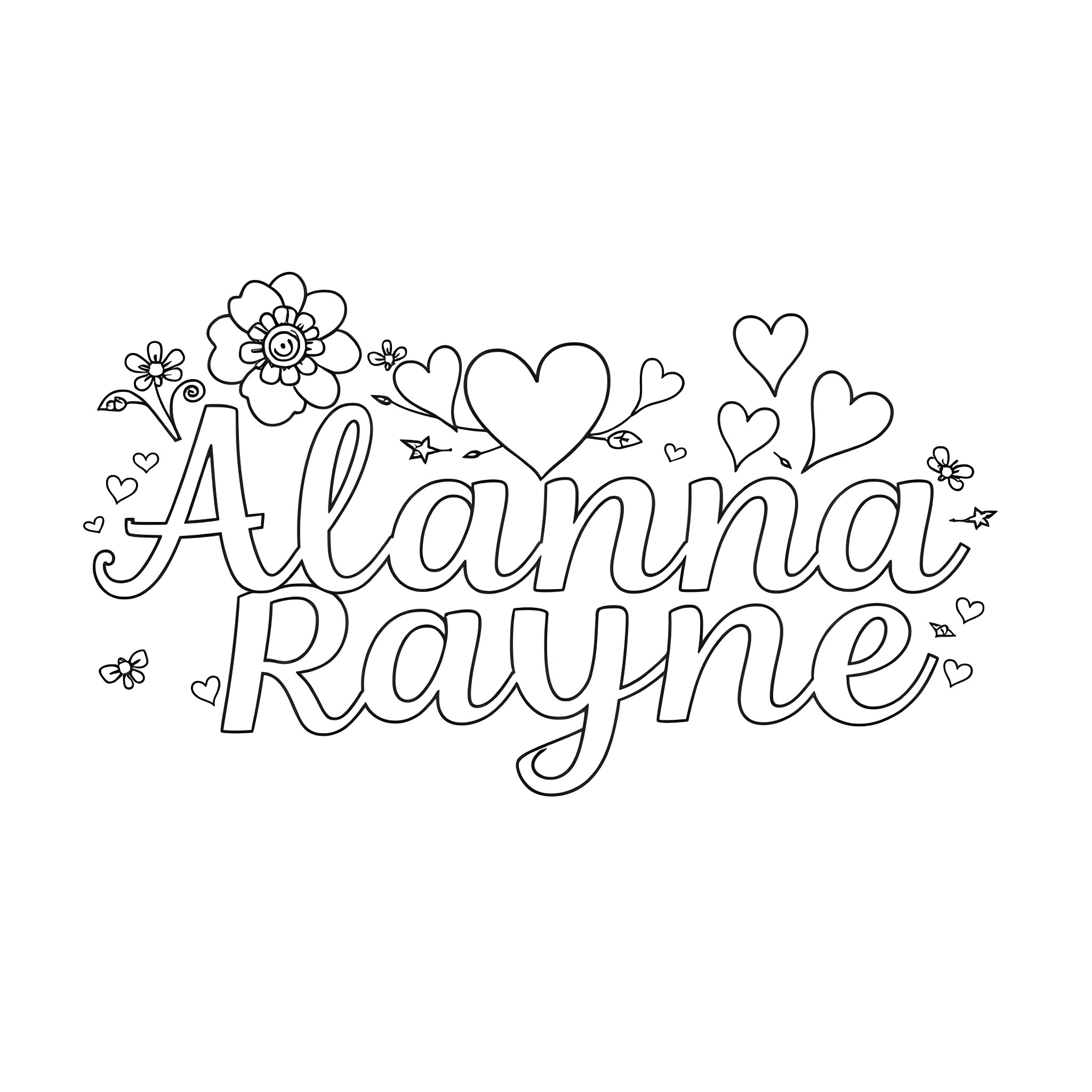 Font of Alanna Rayne with floral and heart elements Coloring Page (free black-and-white line drawing printable PDF for all, from beginners to advanced learners, including children, teens, adults, and seniors)