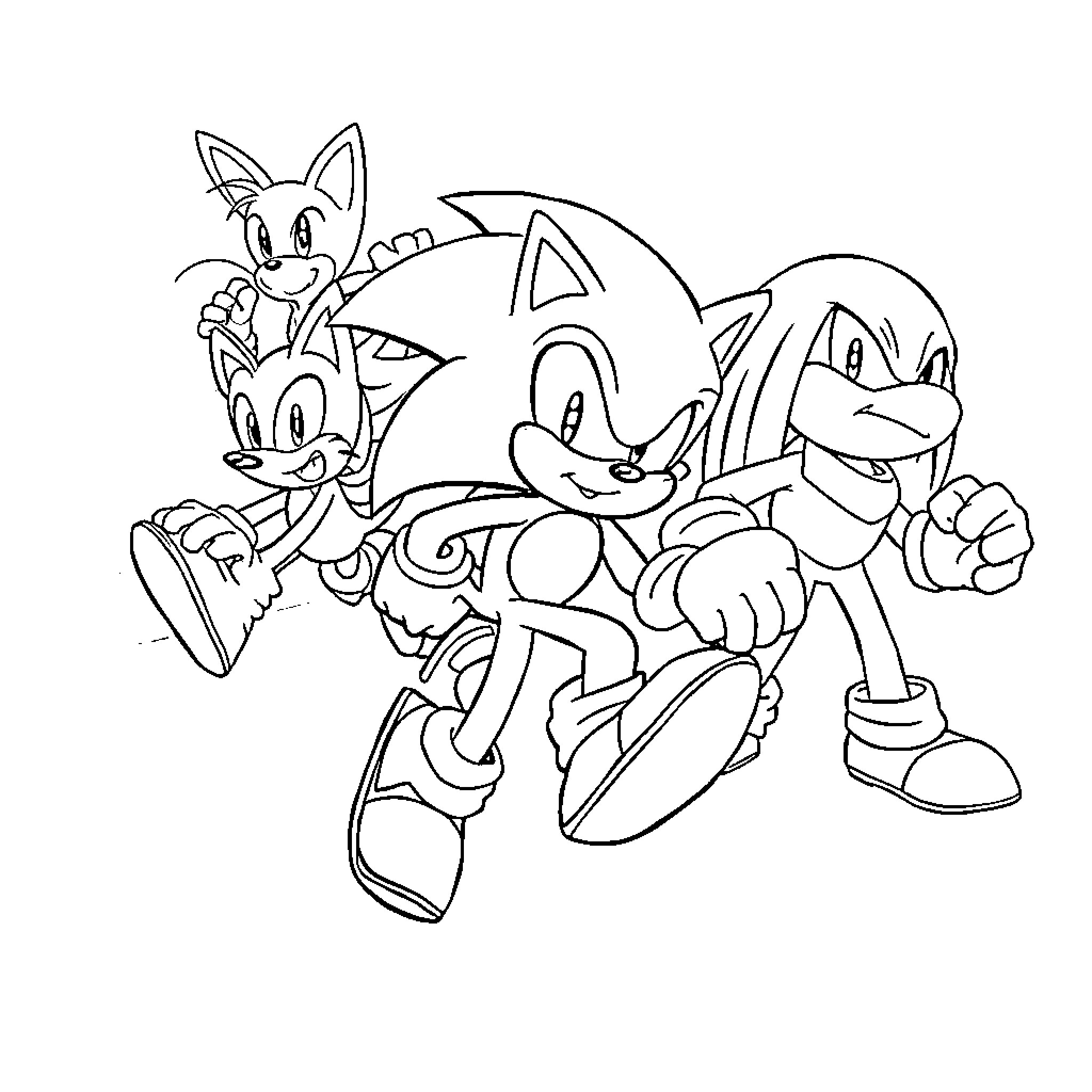 Sonic and friends in action-packed scene Coloring Page (free black-and-white line drawing printable PDF for all, from beginners to advanced learners, including children, teens, adults, and seniors)